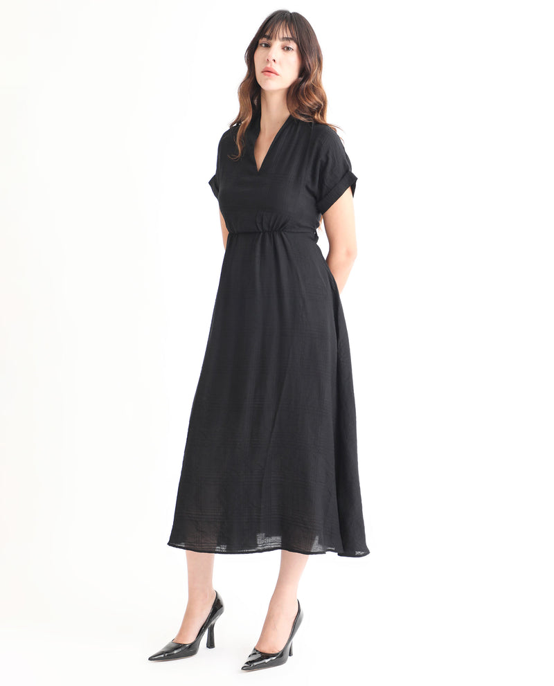 Rareism Women Ehlam Black Viscose Nylon Fabric Short Sleeves V-Neck Extended Sleeve Regular Fit Checked Midi A-Line Dress