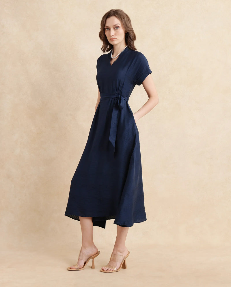 Rareism Women Ehlum Navy Extended Sleeves V-Neck A-Line Midi Plain Dress