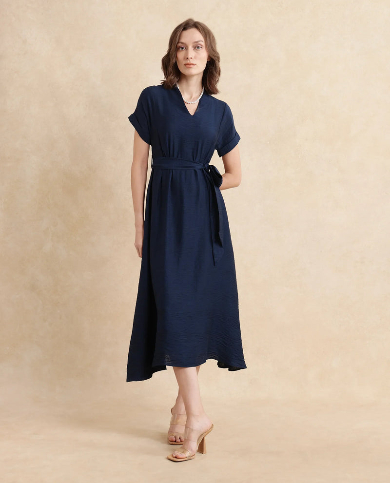 Rareism Women Ehlum Navy Extended Sleeves V-Neck A-Line Midi Plain Dress