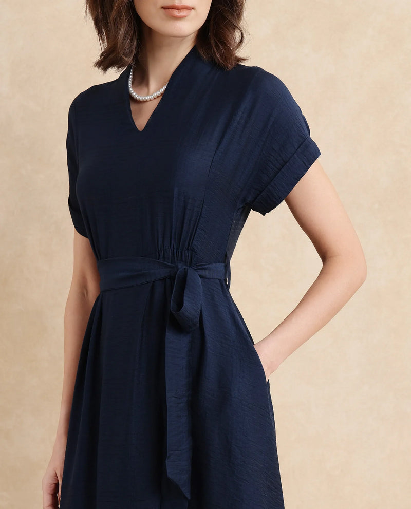 Rareism Women Ehlum Navy Extended Sleeves V-Neck A-Line Midi Plain Dress