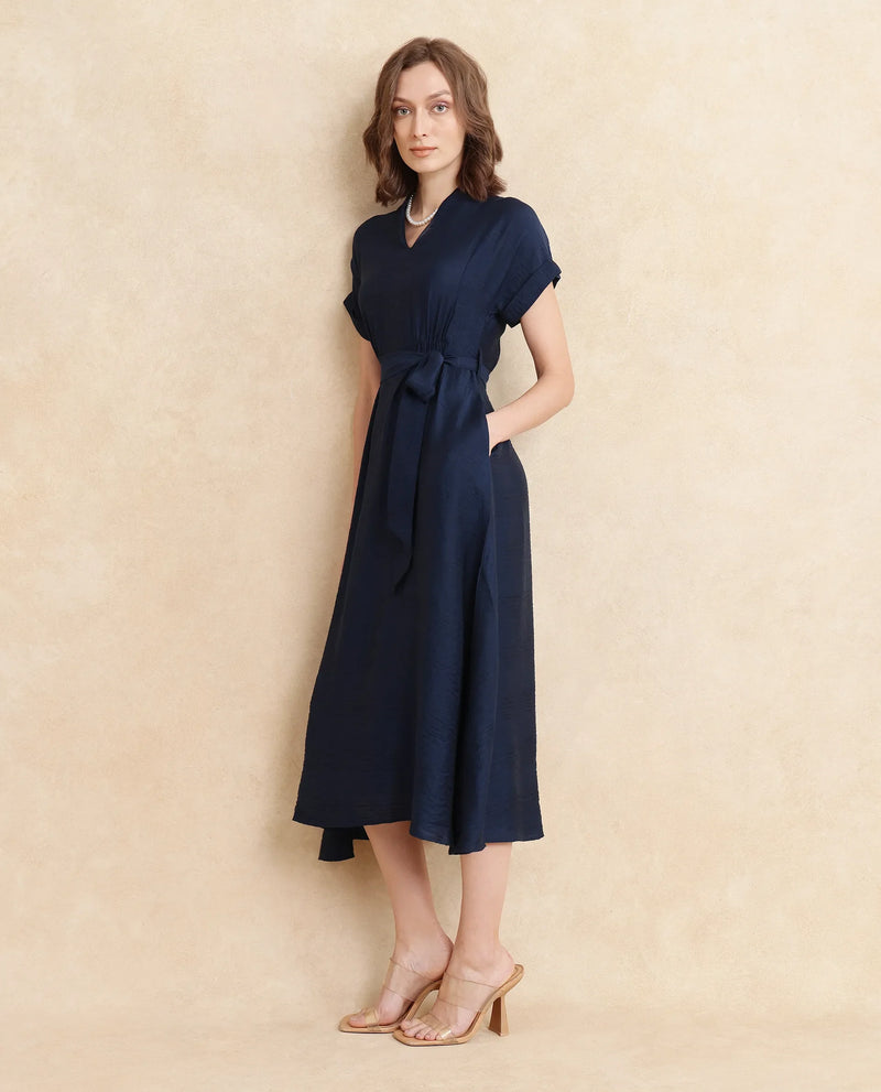 Rareism Women Ehlum Navy Extended Sleeves V-Neck A-Line Midi Plain Dress