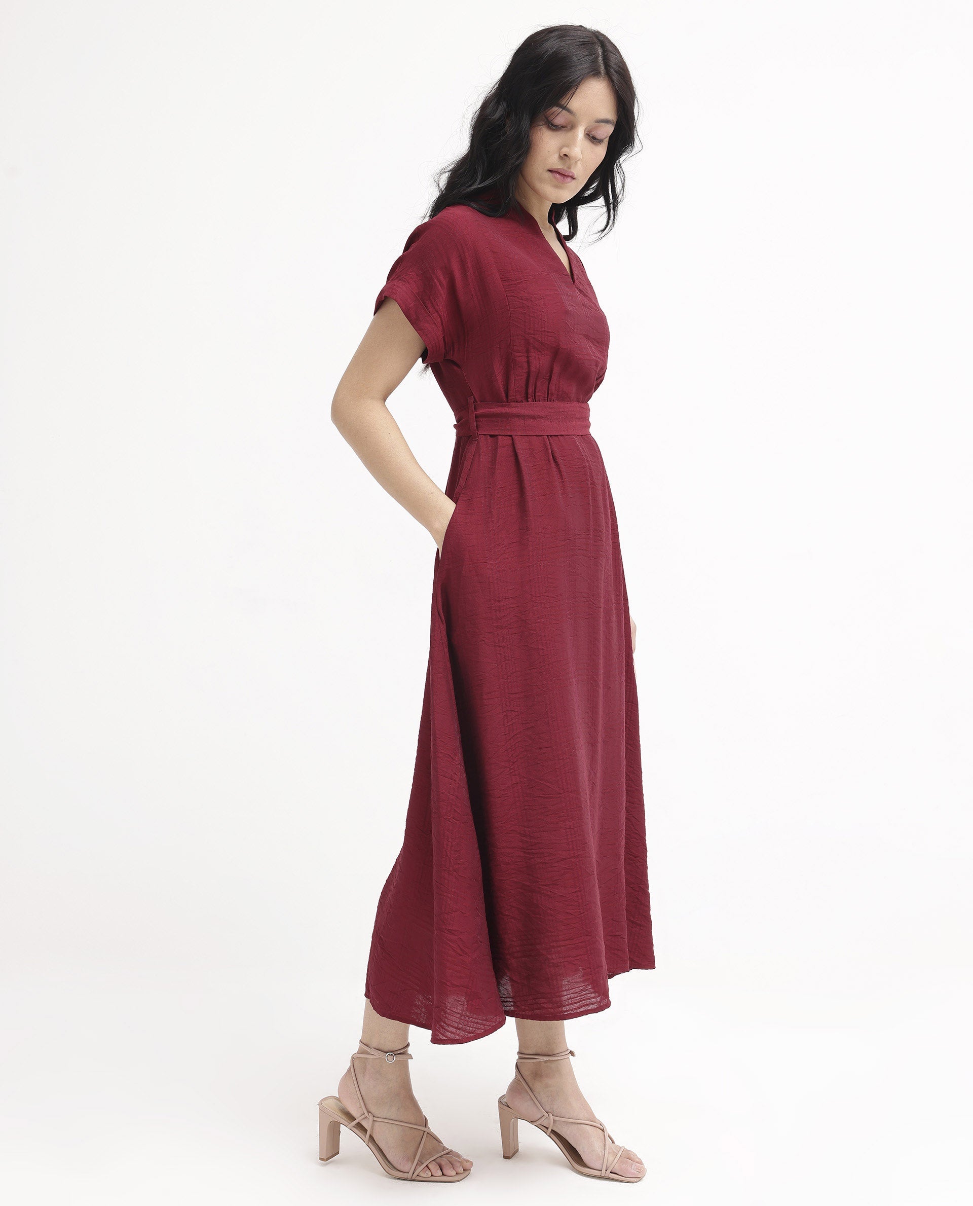 Rareism Women Ehlum Red Extended Sleeves V-Neck A-Line Midi Plain Dress