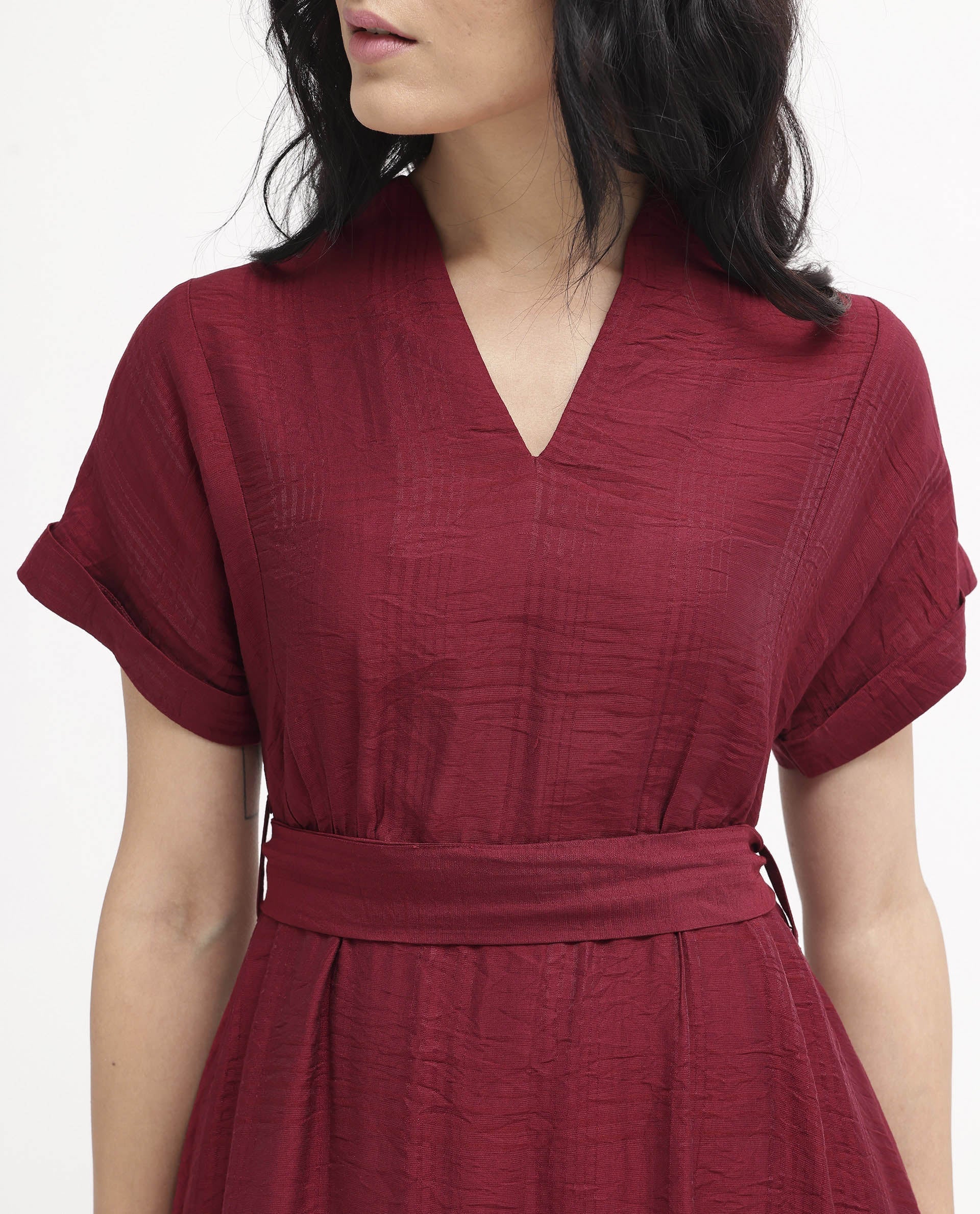 Rareism Women Ehlum Red Extended Sleeves V-Neck A-Line Midi Plain Dress