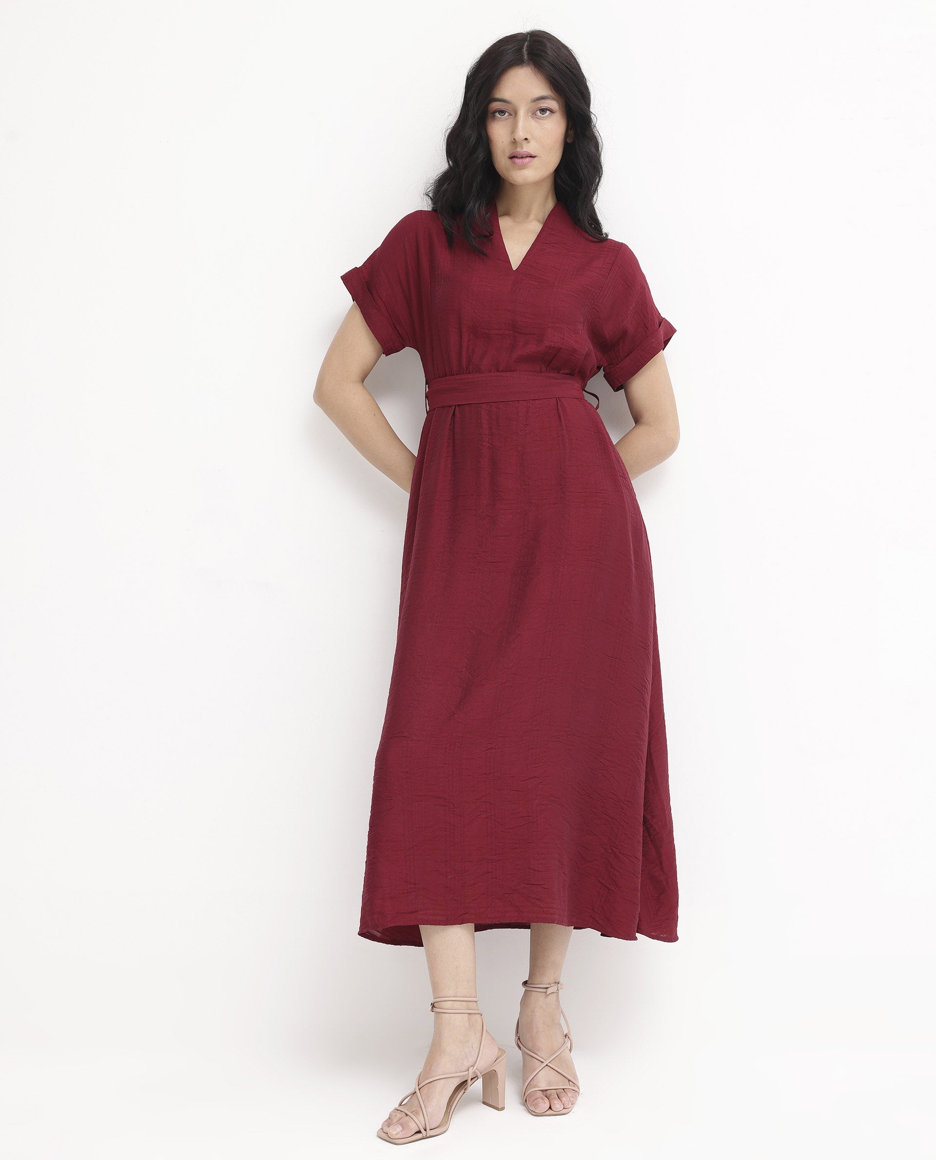 Rareism Women Ehlum Red Extended Sleeves V-Neck A-Line Midi Plain Dress