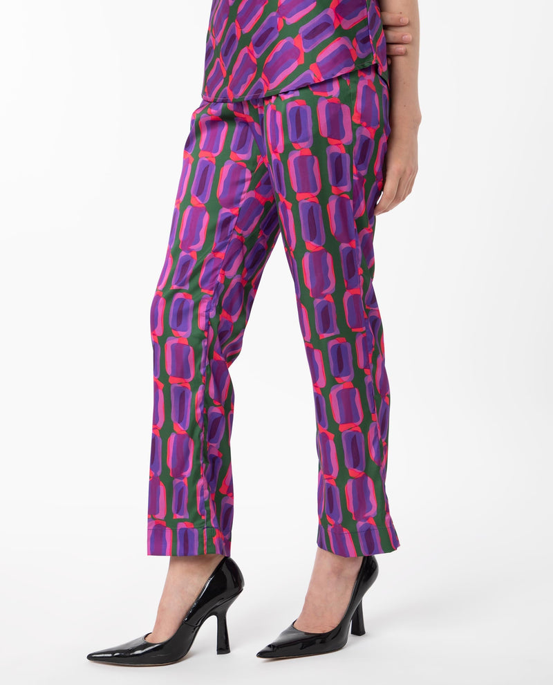 Rareism Women Eista Purple Polyester Fabric Relaxed Fit Geometric Print Ankle Length Trousers