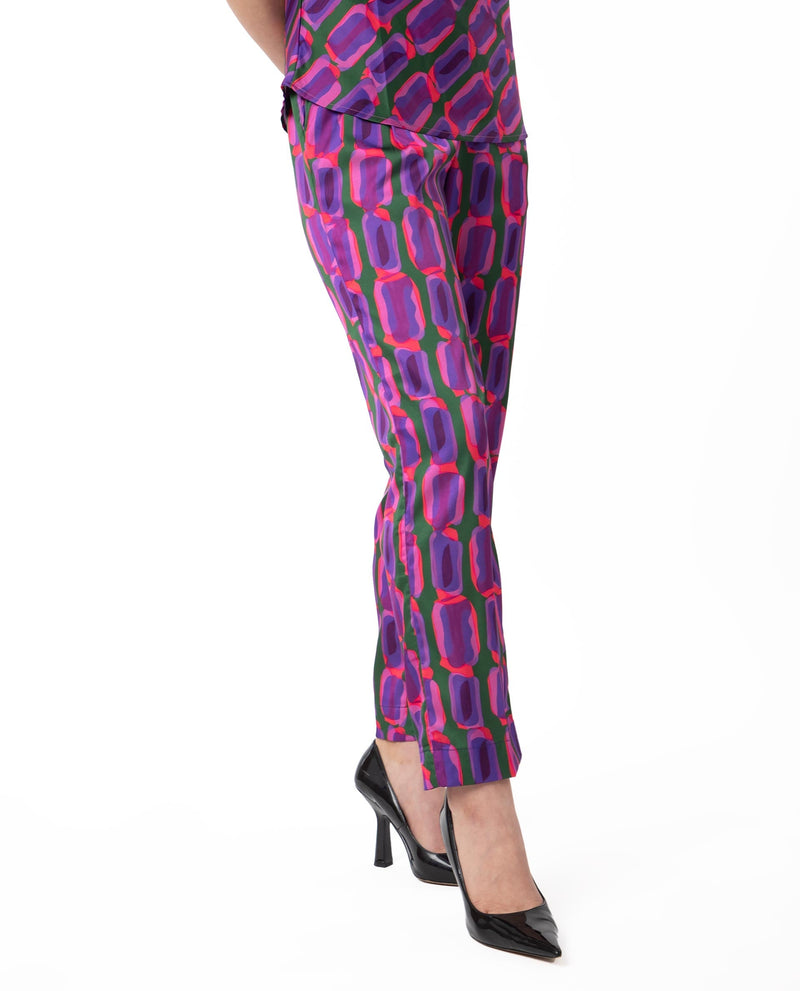 Rareism Women Eista Purple Polyester Fabric Relaxed Fit Geometric Print Ankle Length Trousers