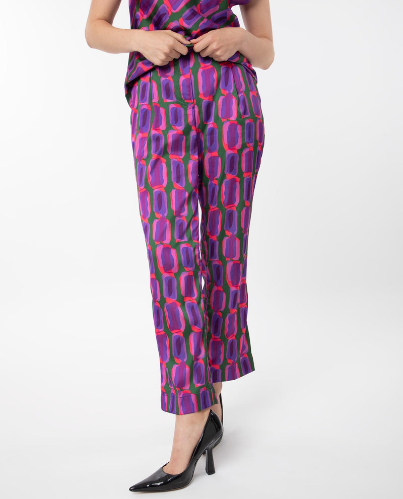 Rareism Women Eista Purple Polyester Fabric Relaxed Fit Geometric Print Ankle Length Trousers