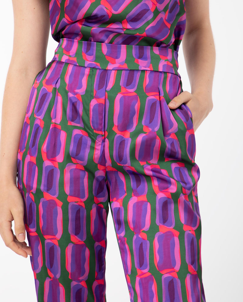 Rareism Women Eista Purple Polyester Fabric Relaxed Fit Geometric Print Ankle Length Trousers