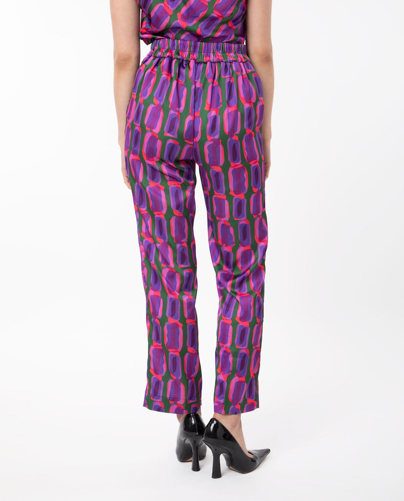 Rareism Women Eista Purple Polyester Fabric Relaxed Fit Geometric Print Ankle Length Trousers