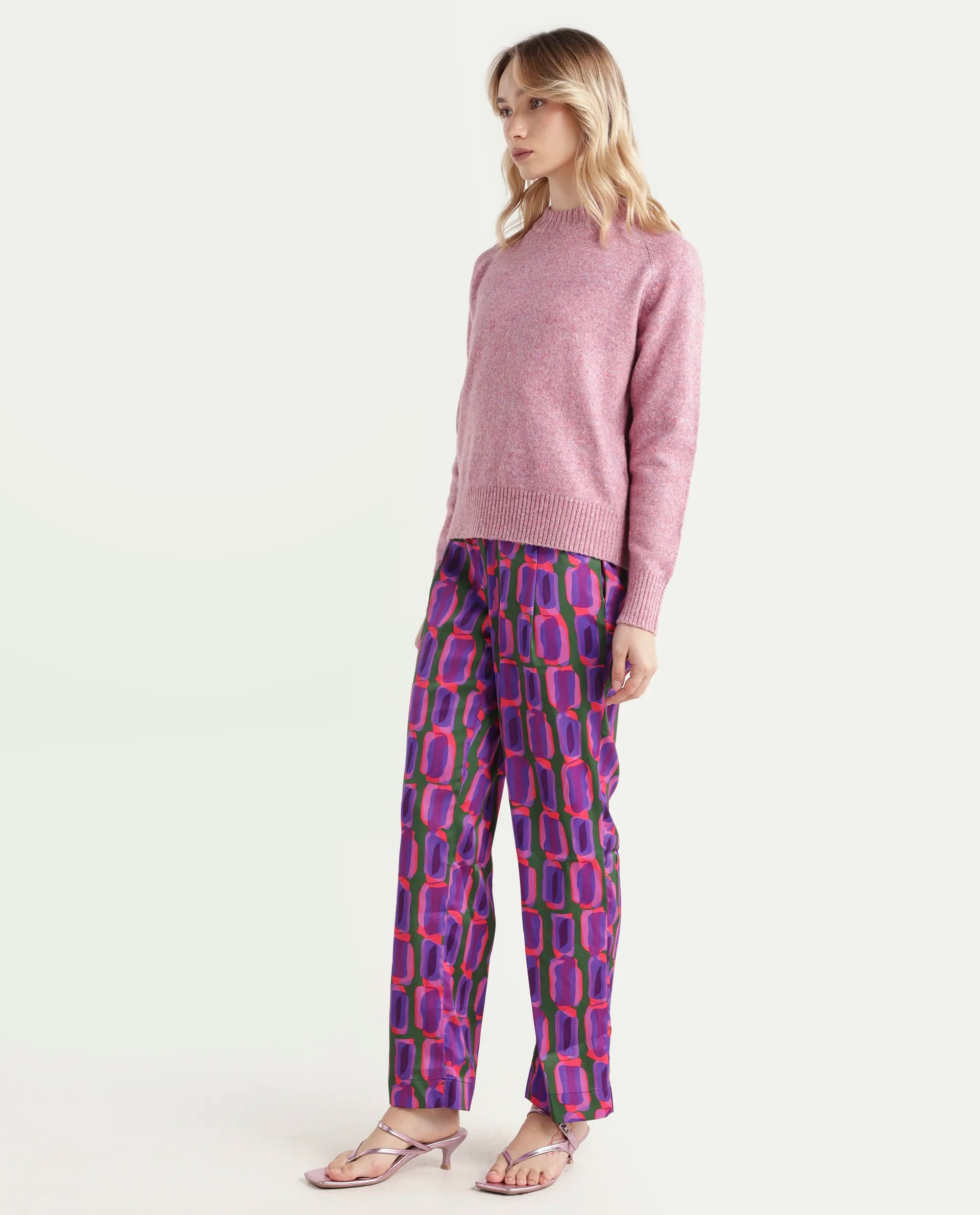 Rareism Women's Eista Purple Polyester Geometric Print Ankle Length Relaxed Fit Trouser