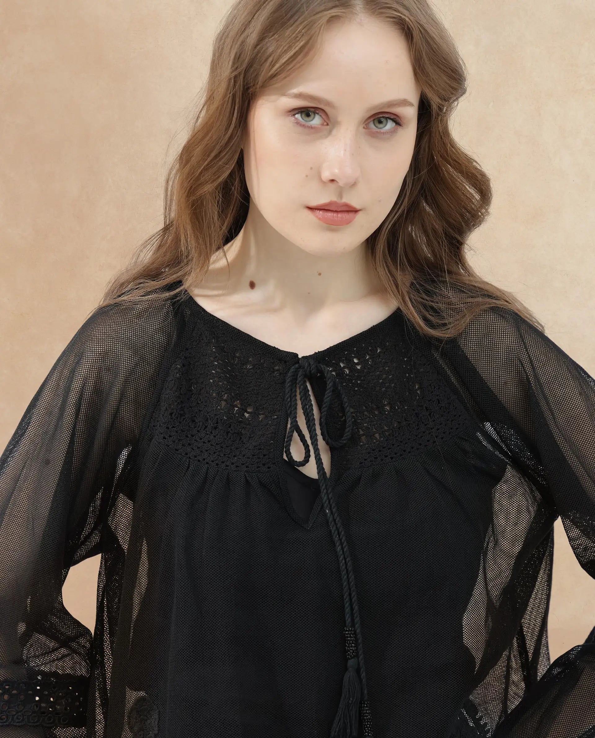Rareism Women's Ela Black Tie-Up Neck Plain Raglan Sleeve Relaxed Fit Top