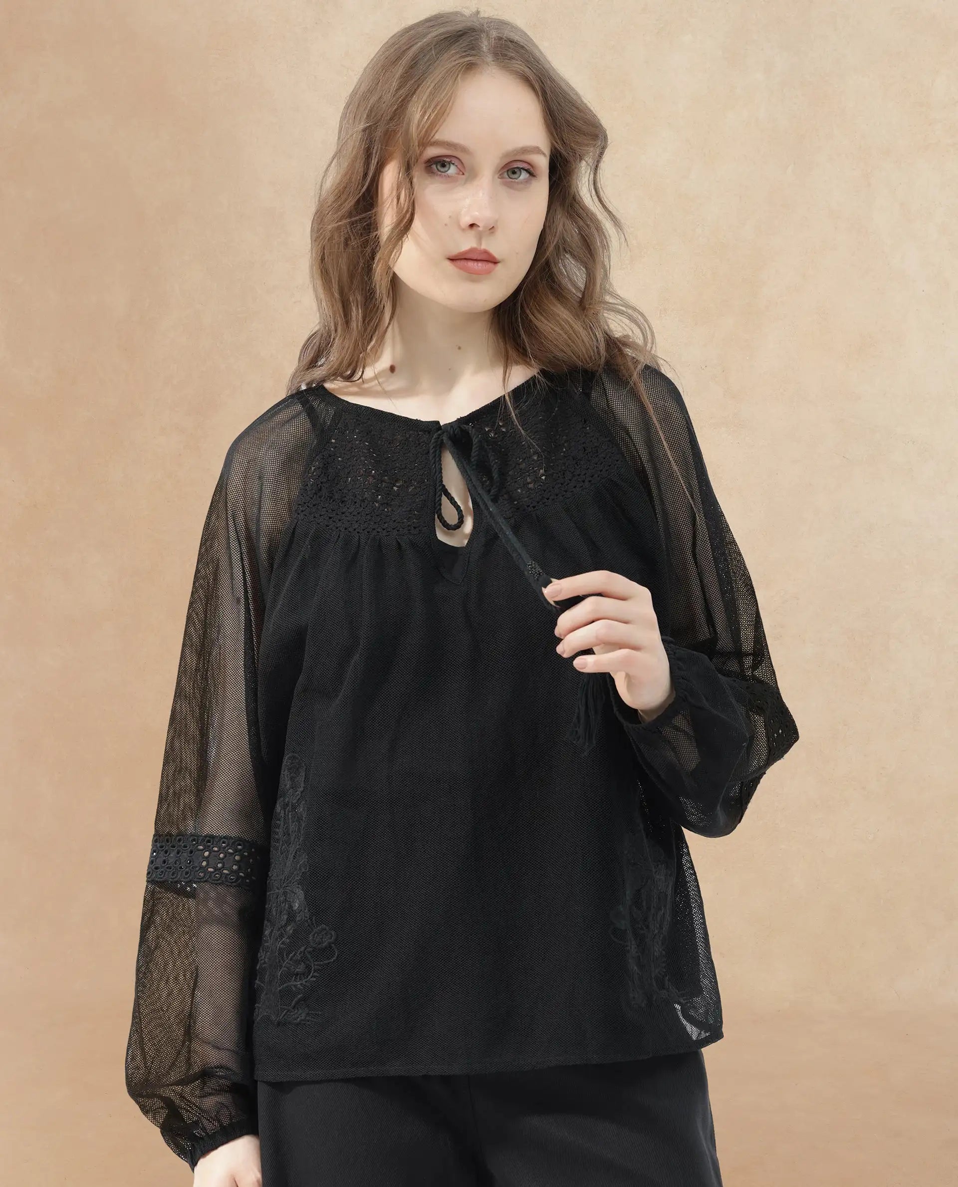 Rareism Women's Ela Black Tie-Up Neck Plain Raglan Sleeve Relaxed Fit Top