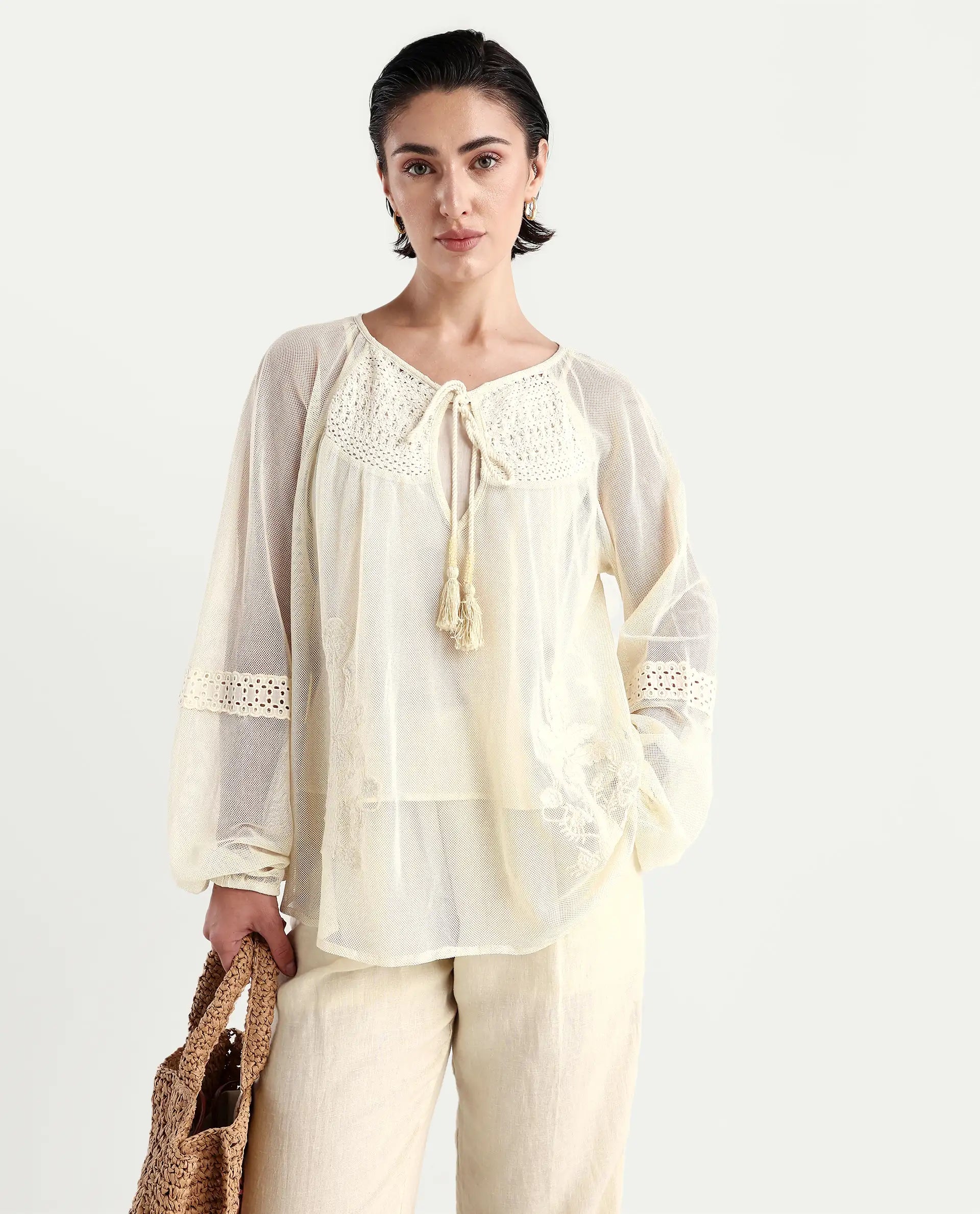 Rareism Women's Ela Light Beige Tie-Up Neck Plain Raglan Sleeve Relaxed Fit Top