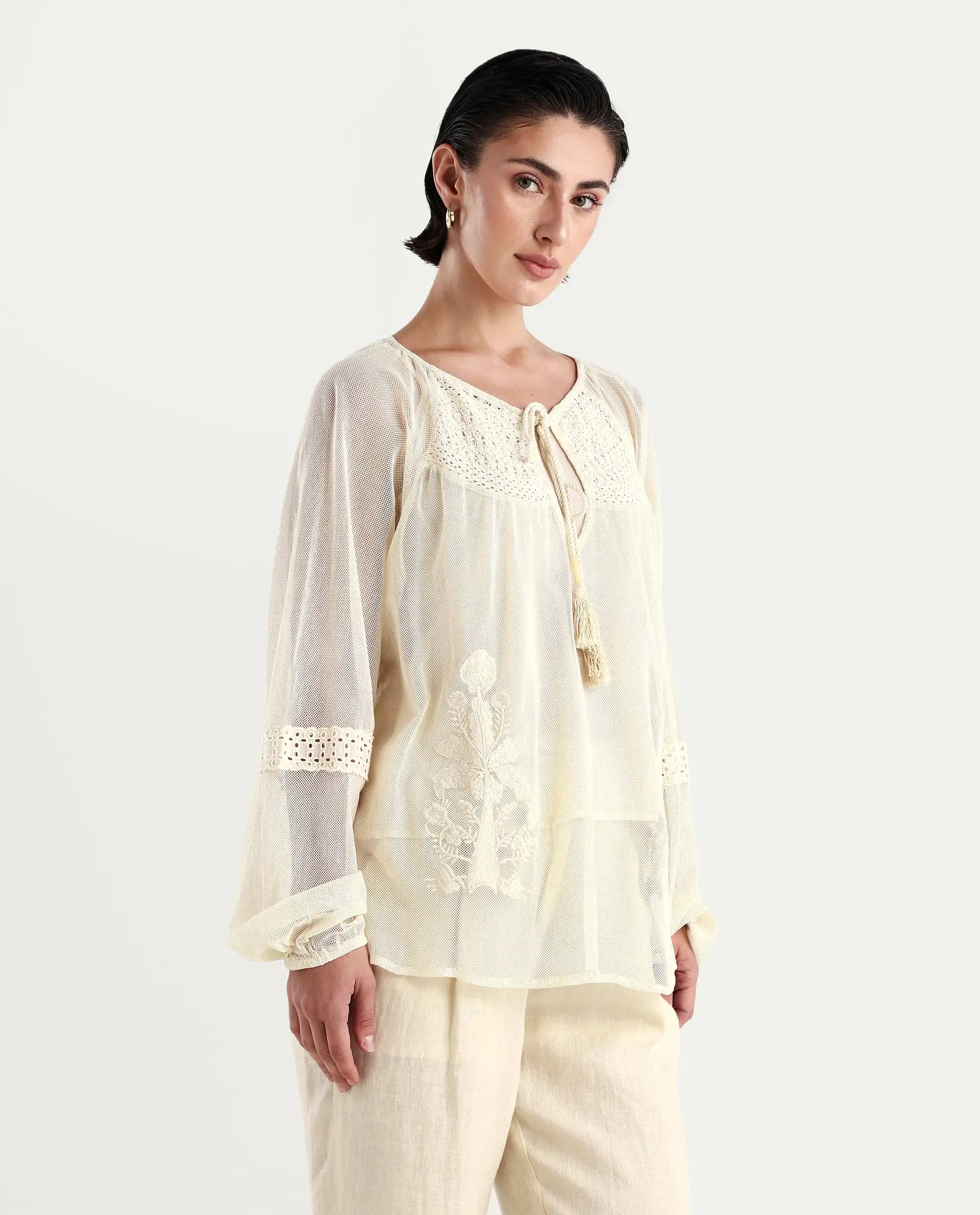 Rareism Women's Ela Light Beige Tie-Up Neck Plain Raglan Sleeve Relaxed Fit Top