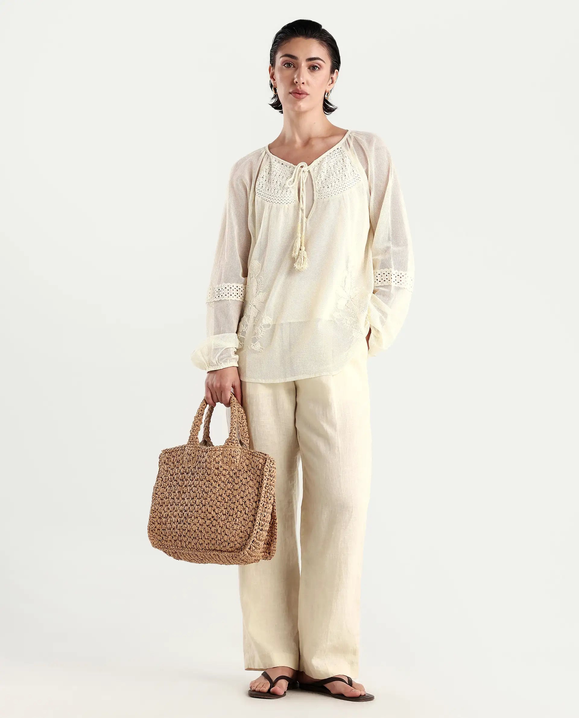 Rareism Women's Ela Light Beige Tie-Up Neck Plain Raglan Sleeve Relaxed Fit Top