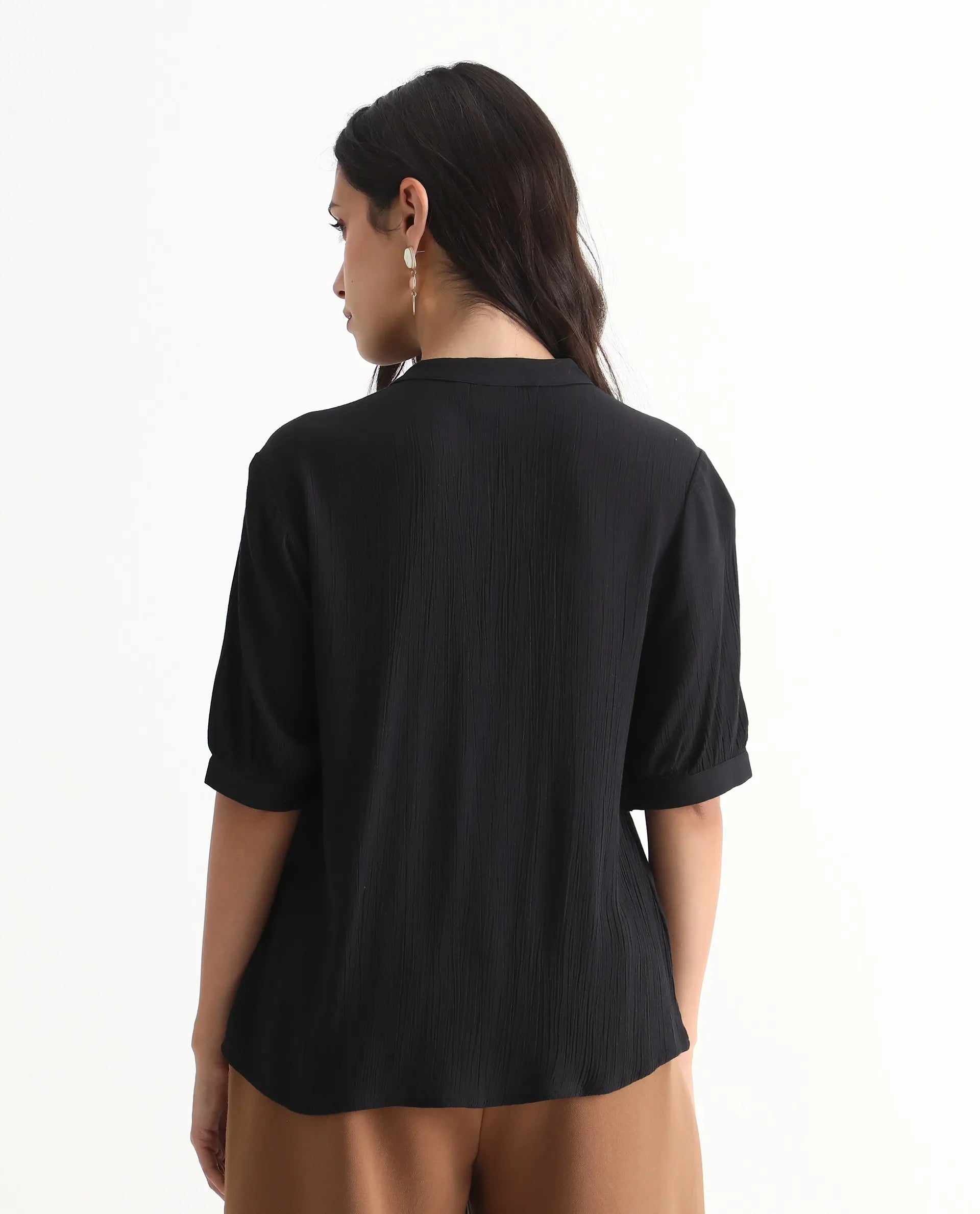 Rareism Women's Elane Black 100% Viscose Bishop Sleeve Mandarin Collar Regular Fit Plain Top