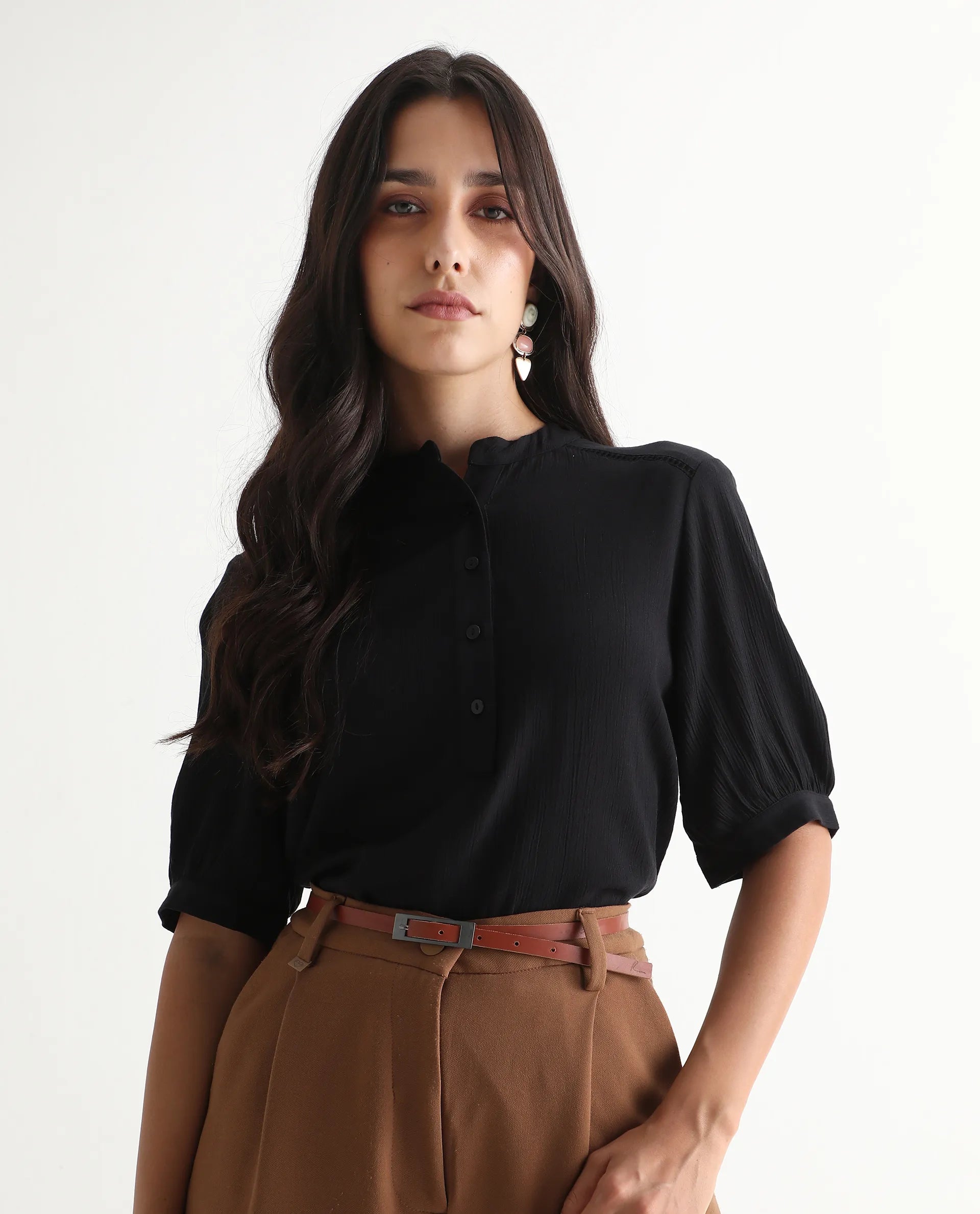 Rareism Women's Elane Black 100% Viscose Bishop Sleeve Mandarin Collar Regular Fit Plain Top