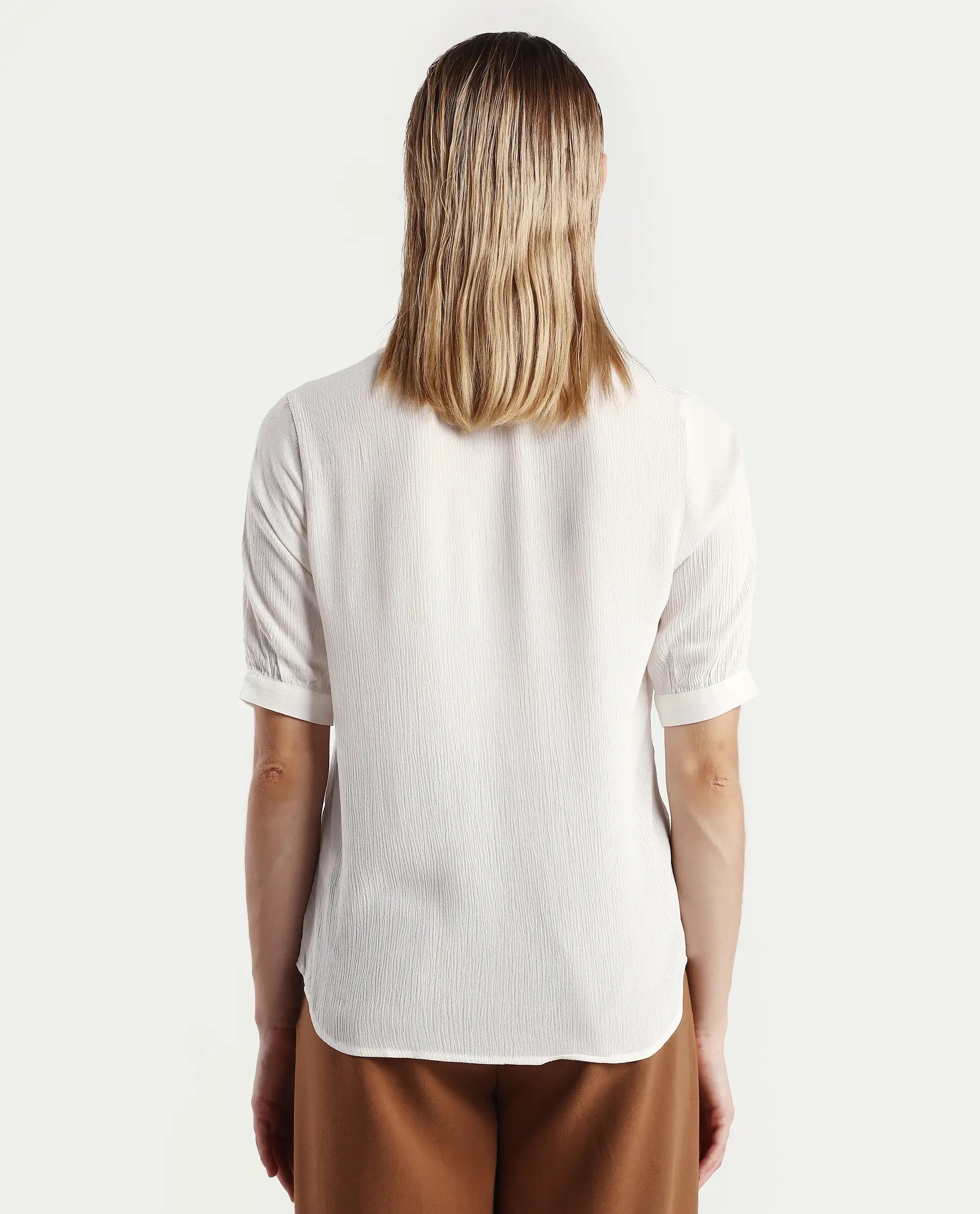 Rareism Women's Elane White Viscose Mandarin Collar Regular Fit Plain Top