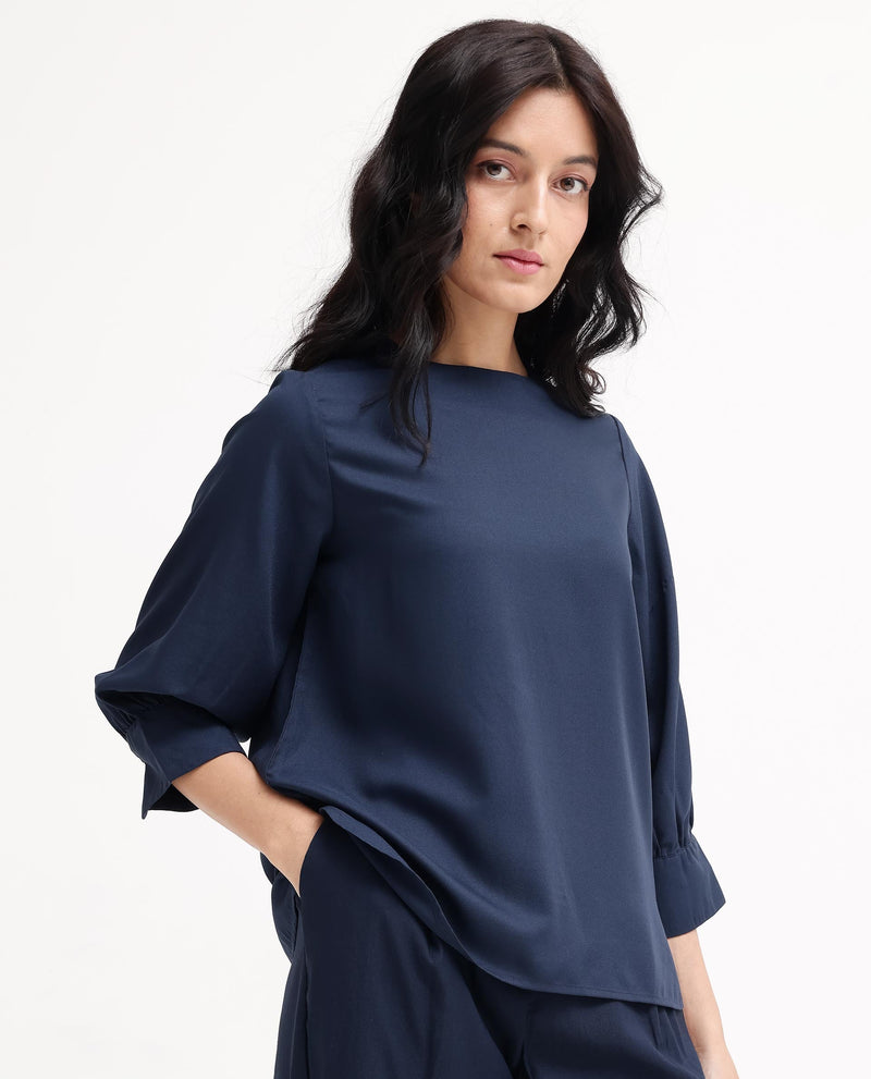 Rareism Women Elara Navy Polyester Fabric Full Sleeve Round Neck Solid Regular Fit Top