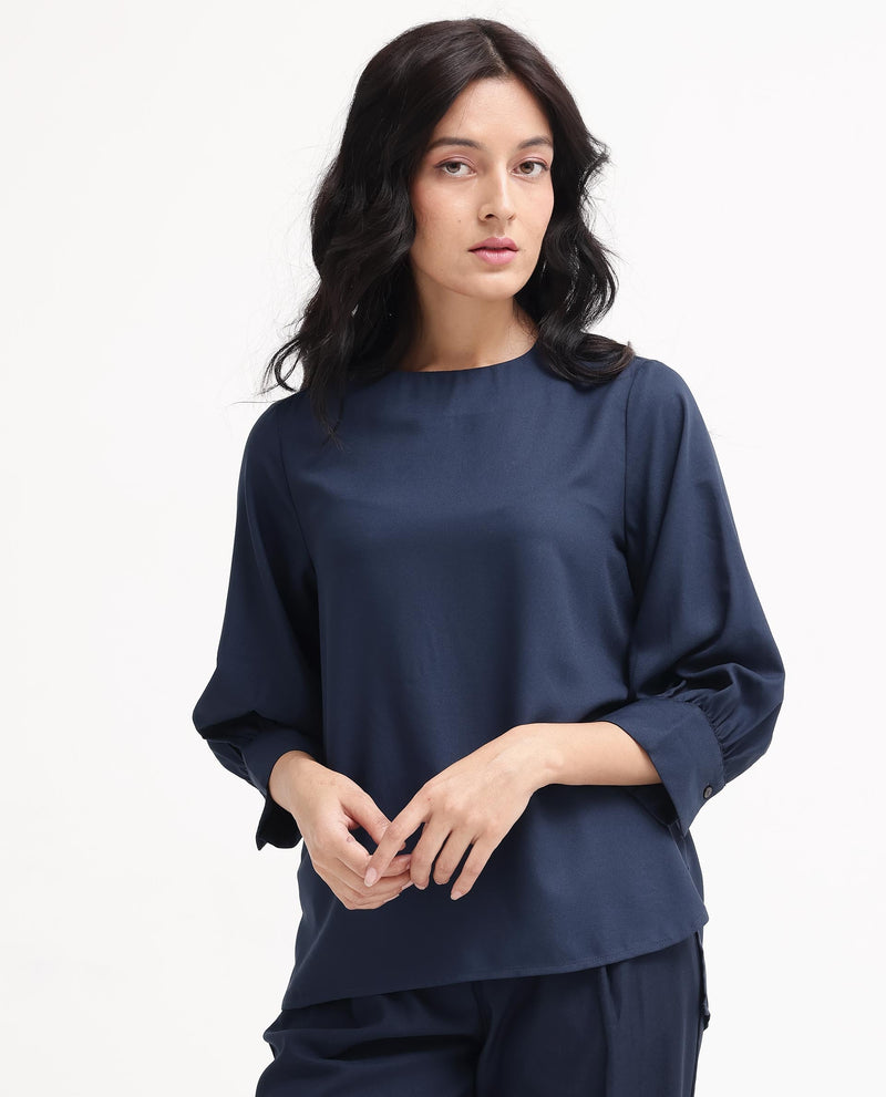 Rareism Women Elara Navy Polyester Fabric Full Sleeve Round Neck Solid Regular Fit Top