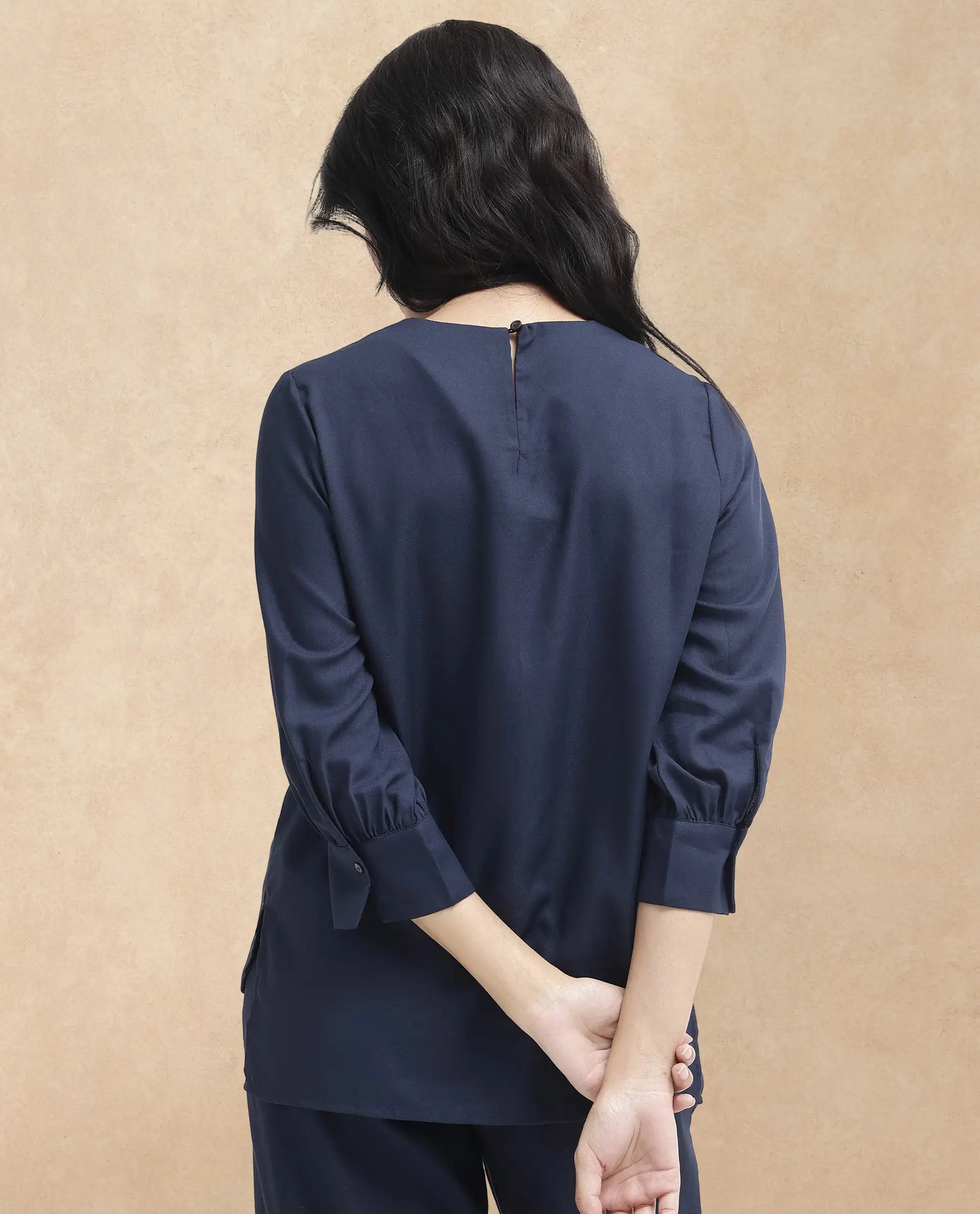 Rareism Women's Elara Navy Cotton Blend Mandarin Collar Plain Cuffed Sleeve Regular Fit Top