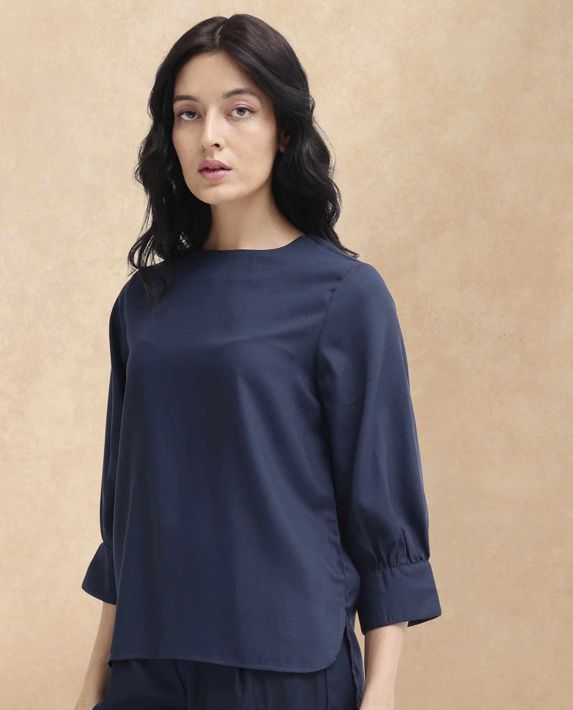 Rareism Women's Elara Navy Cotton Blend Mandarin Collar Plain Cuffed Sleeve Regular Fit Top