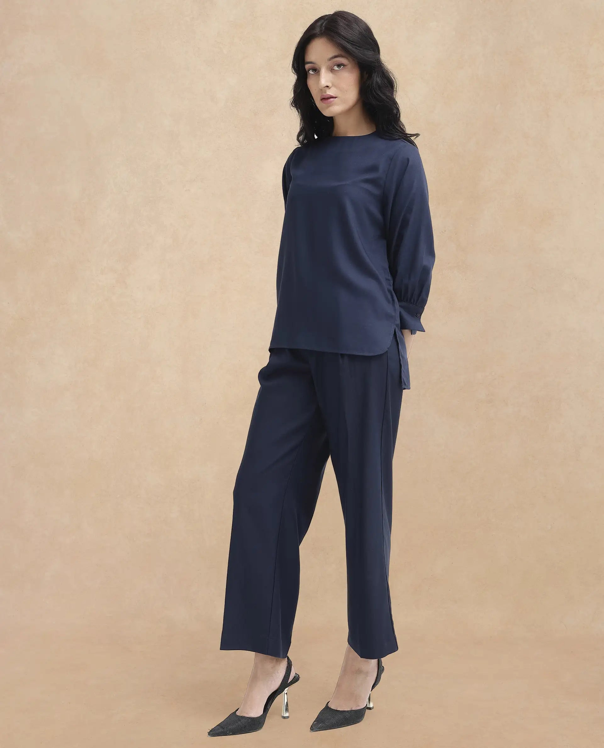 Rareism Women's Elara Navy Cotton Blend Mandarin Collar Plain Cuffed Sleeve Regular Fit Top