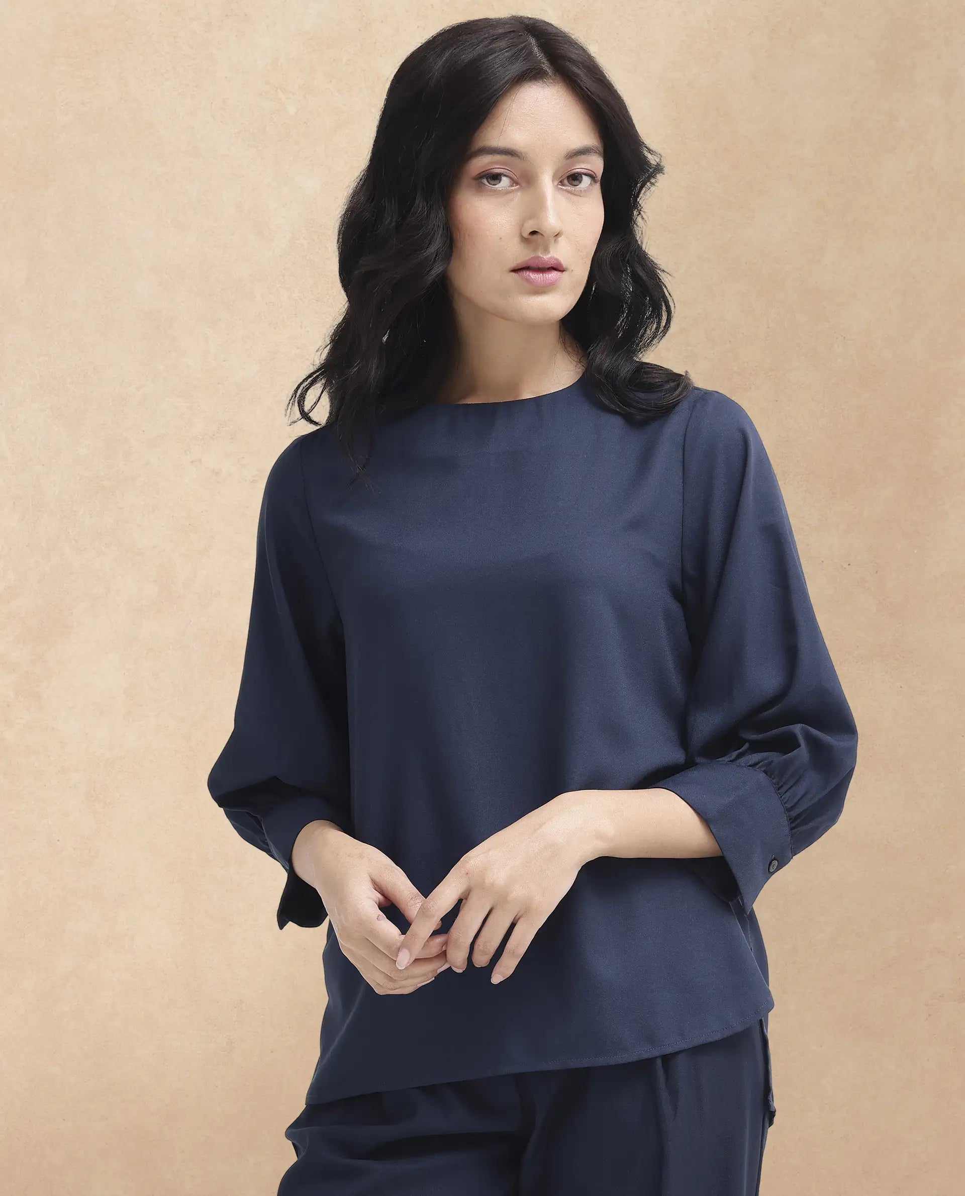 Rareism Women's Elara Navy Cotton Blend Mandarin Collar Plain Cuffed Sleeve Regular Fit Top