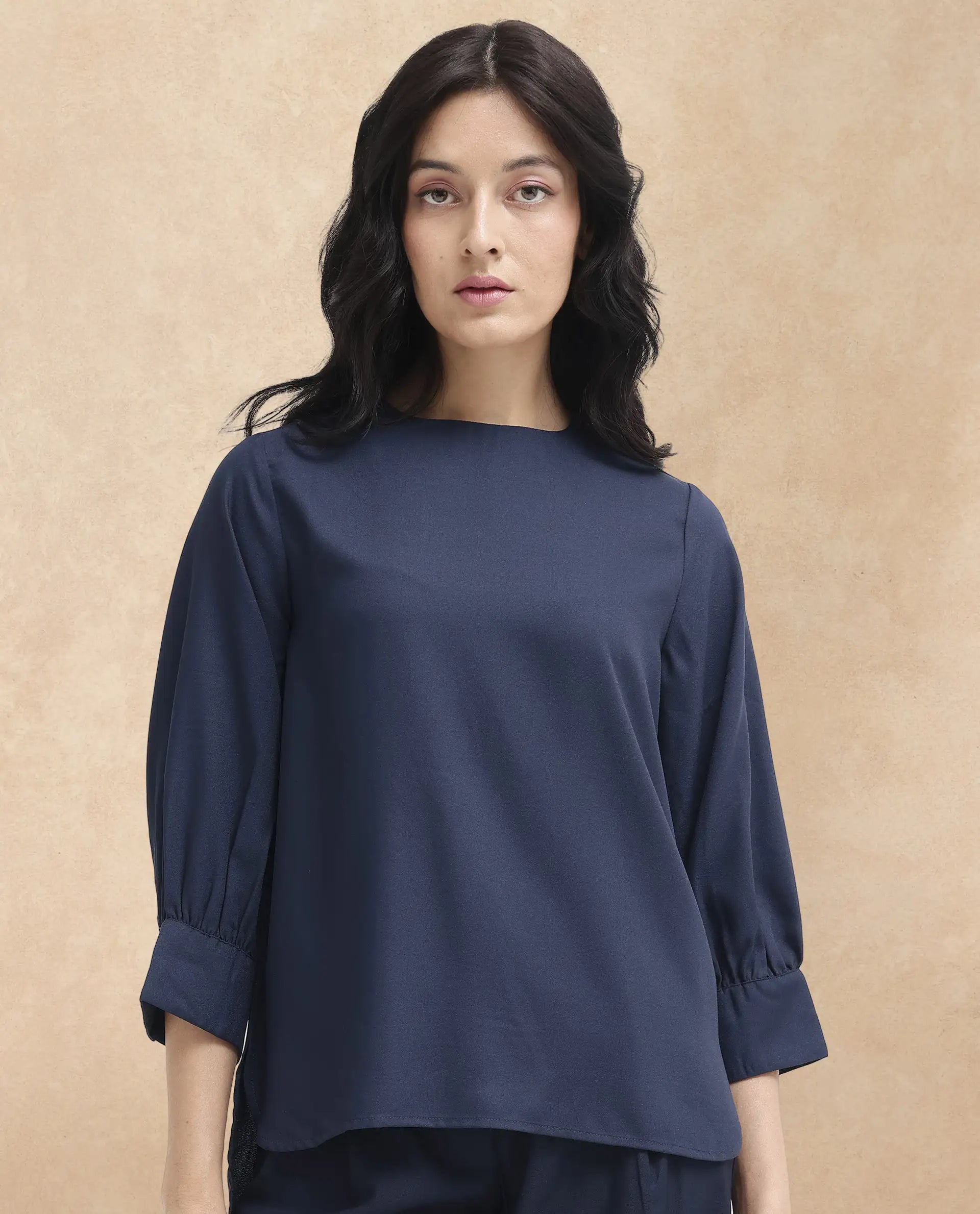 Rareism Women's Elara Navy Cotton Blend Mandarin Collar Plain Cuffed Sleeve Regular Fit Top