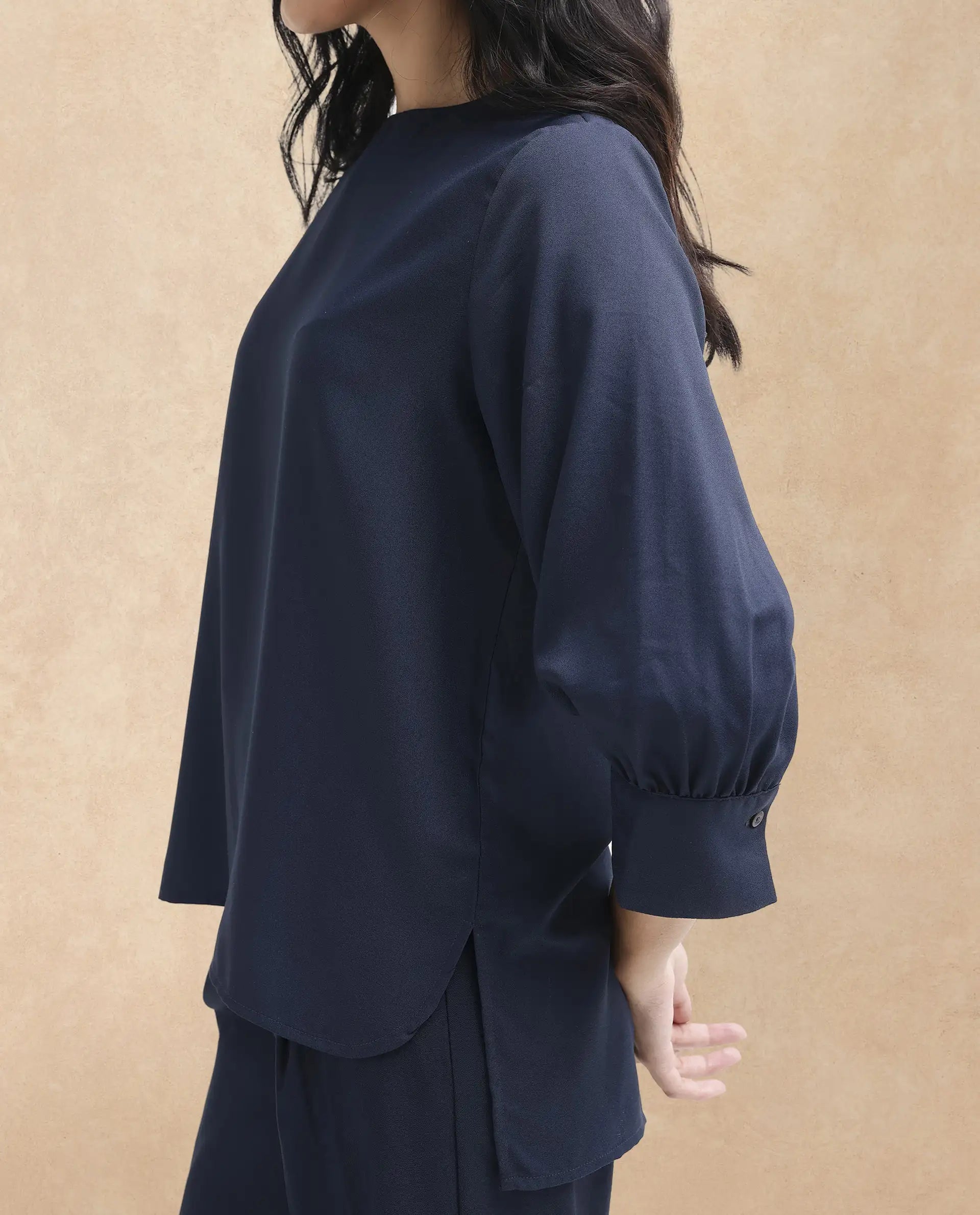 Rareism Women's Elara Navy Cotton Blend Mandarin Collar Plain Cuffed Sleeve Regular Fit Top