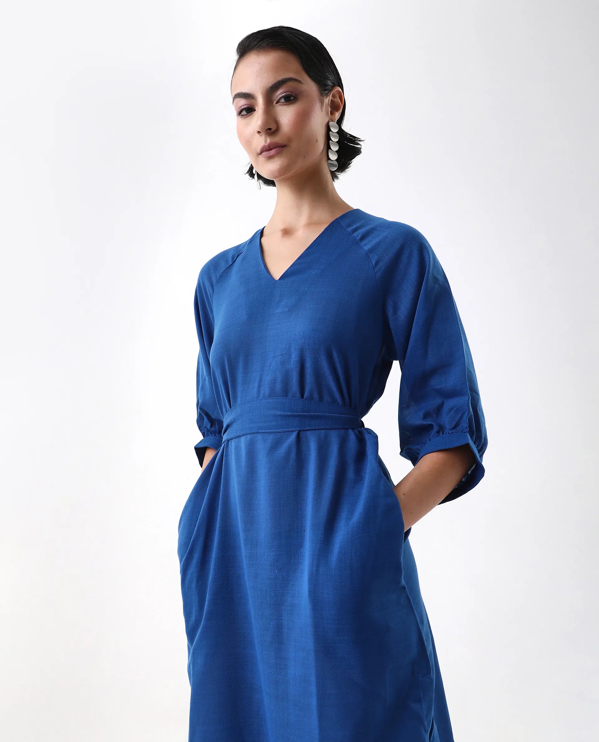 Rareism Women's Elarat Dark Blue Linen V-Neck Plain Bishop Sleeve Midi A-Line Dress