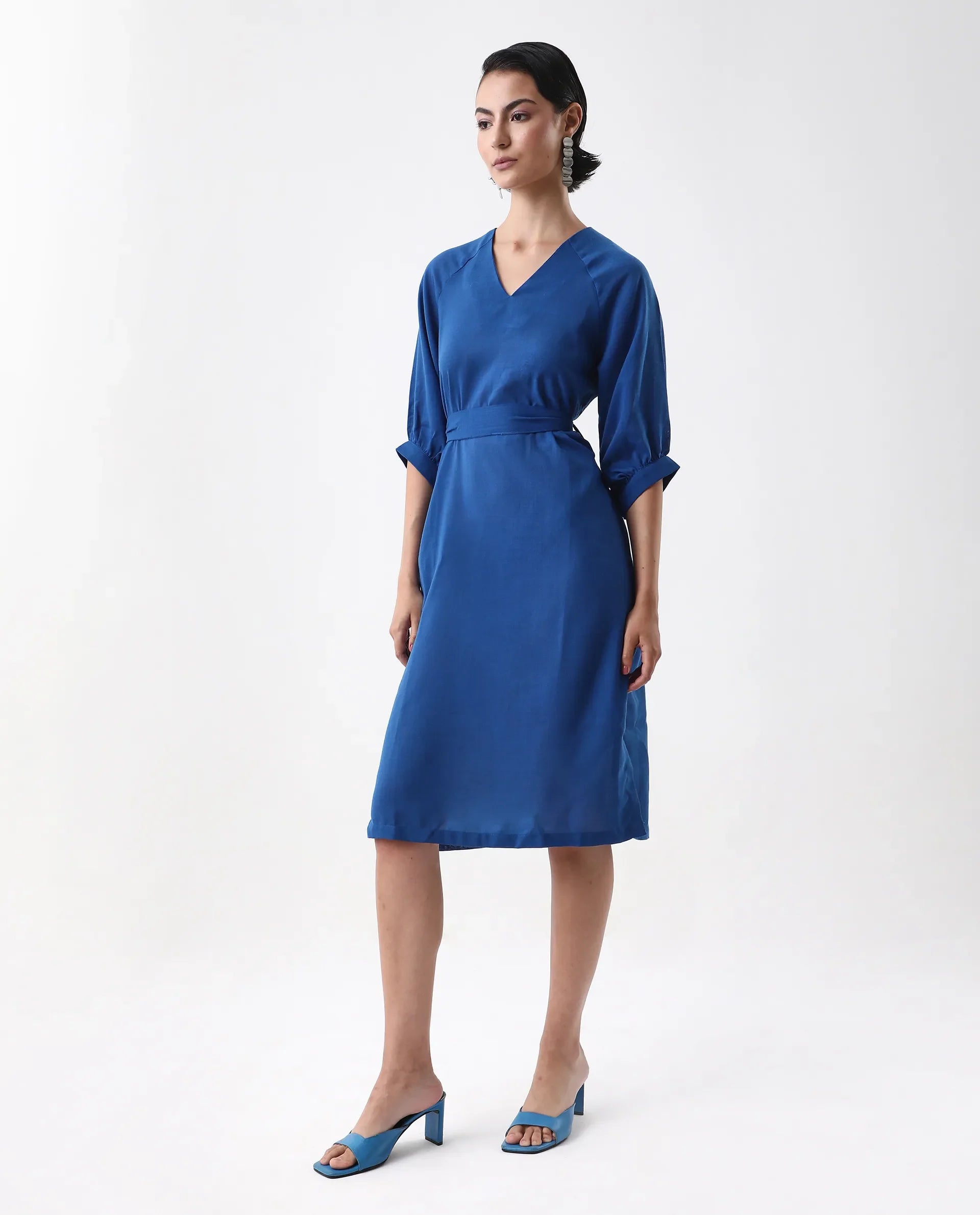 Rareism Women's Elarat Dark Blue Linen V-Neck Plain Bishop Sleeve Midi A-Line Dress