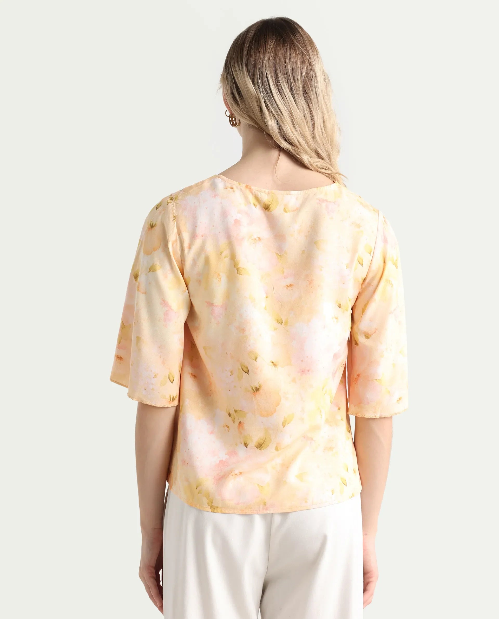 Rareism Women's Elara Yellow Viscose V-Neck Regular Fit Top