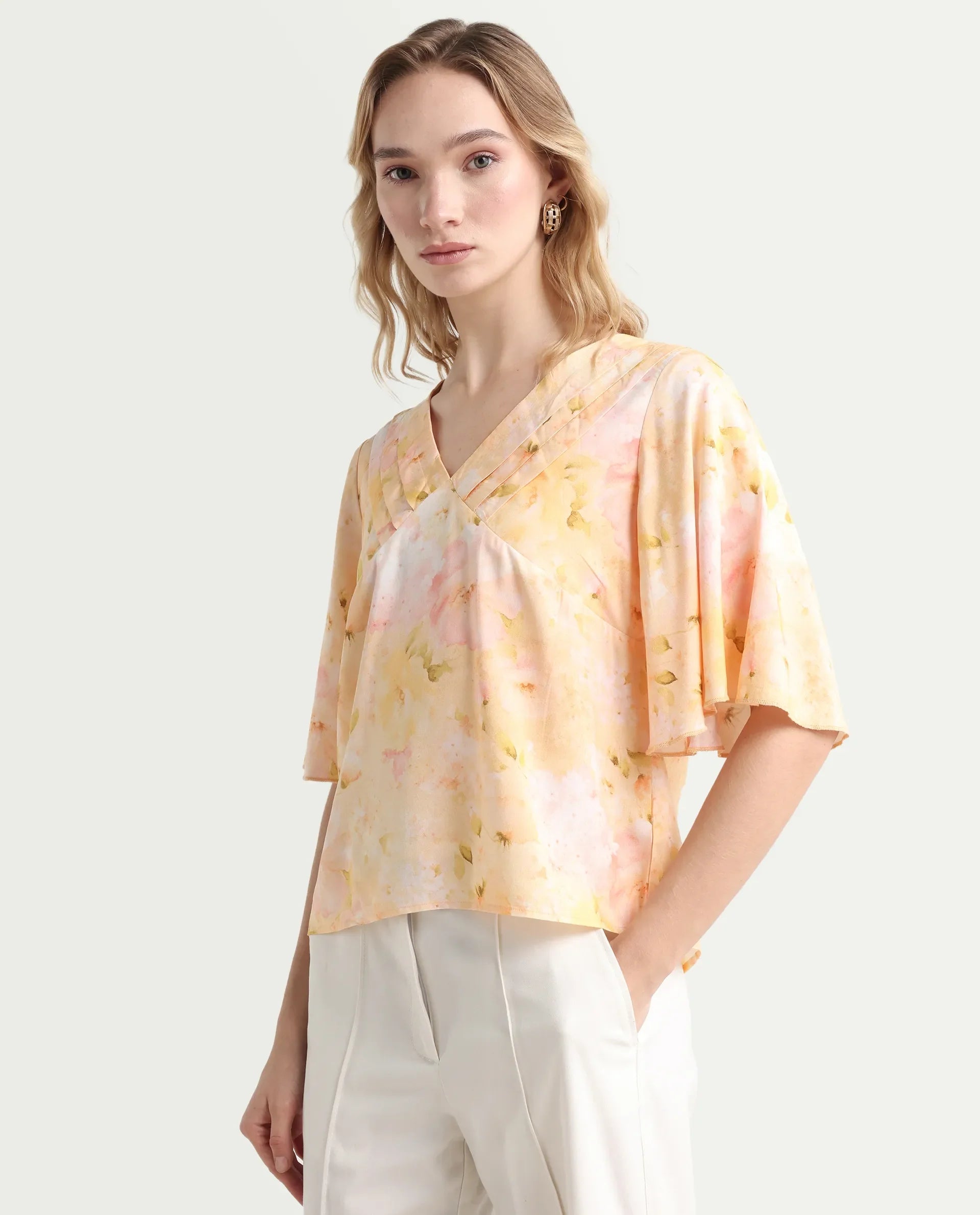 Rareism Women's Elara Yellow Viscose V-Neck Regular Fit Top