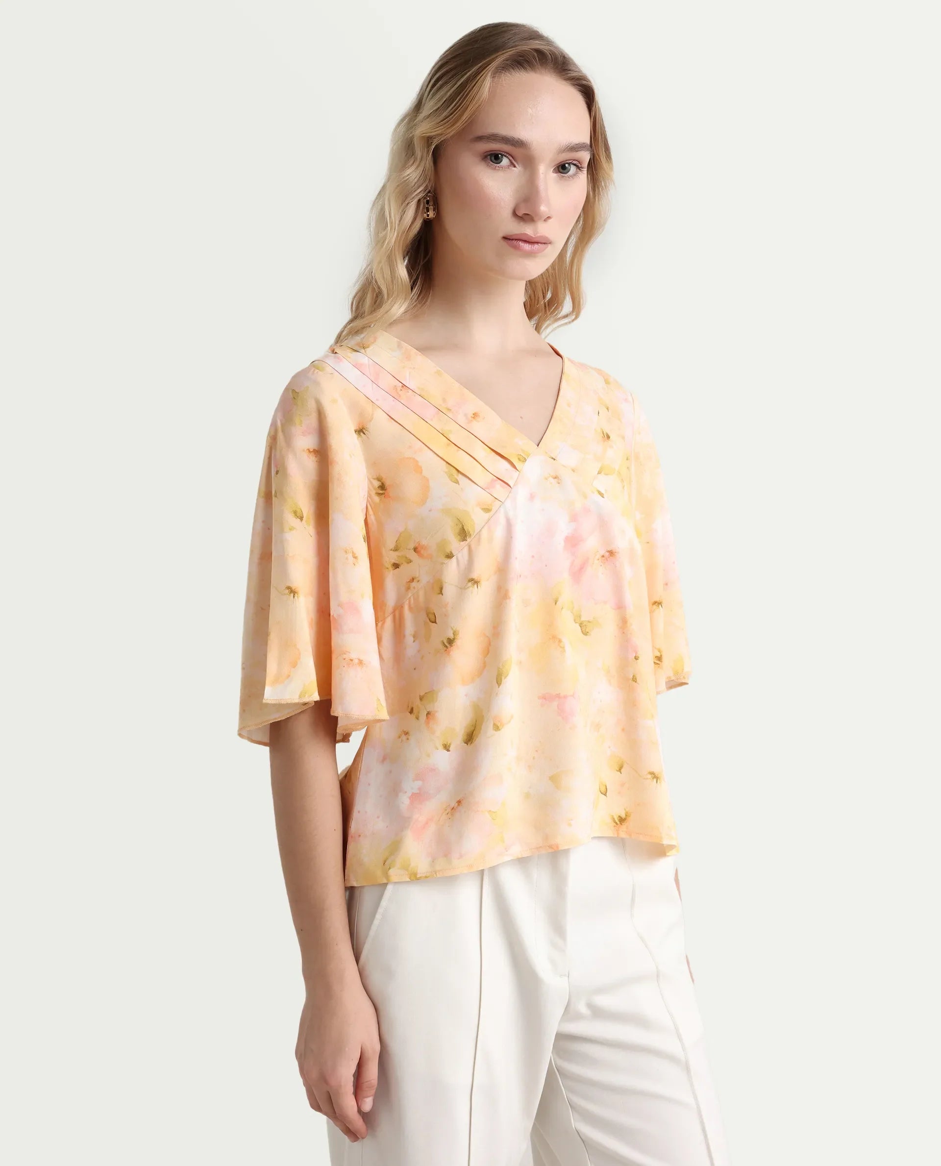 Rareism Women's Elara Yellow Viscose V-Neck Regular Fit Top