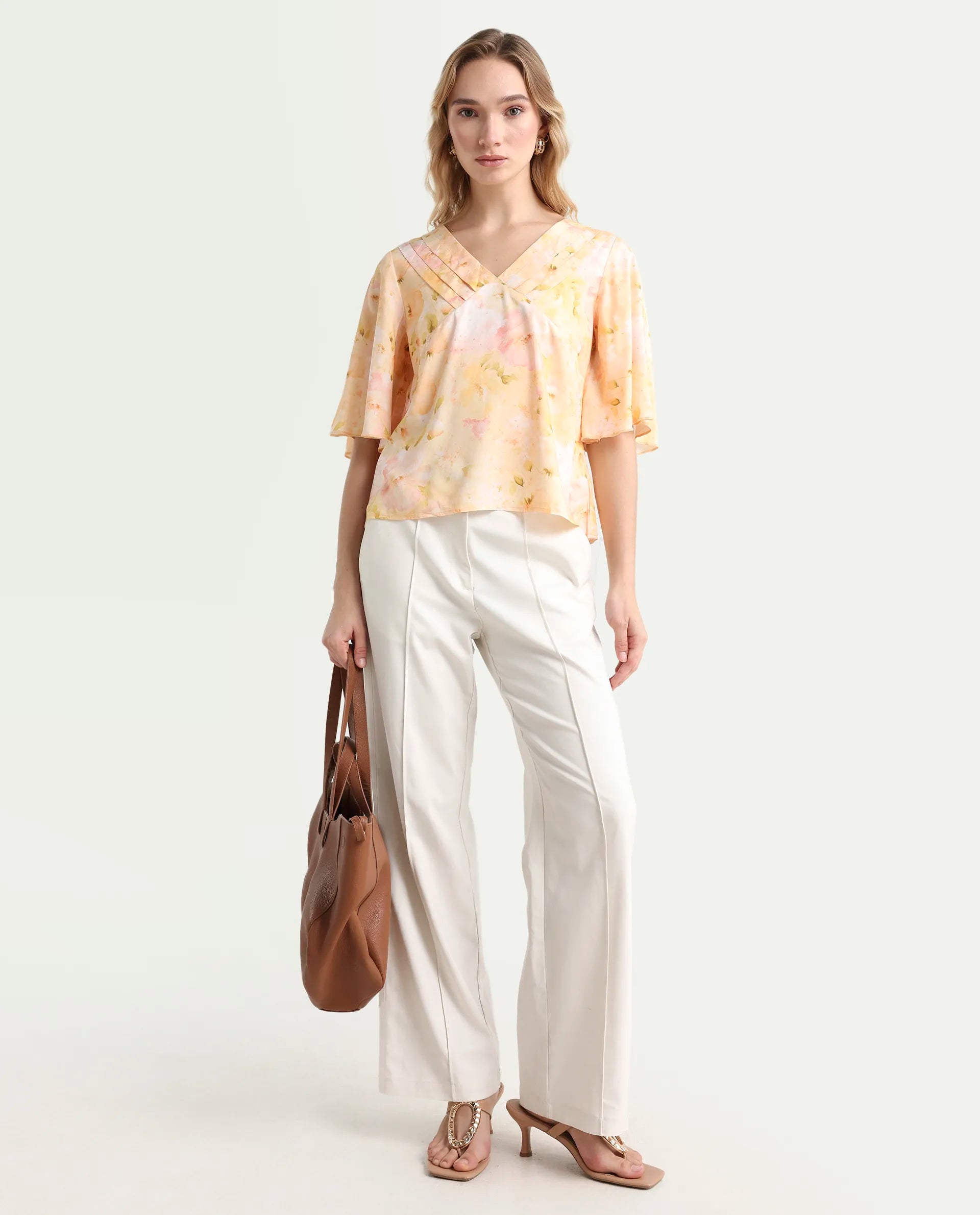 Rareism Women's Elara Yellow Viscose V-Neck Regular Fit Top