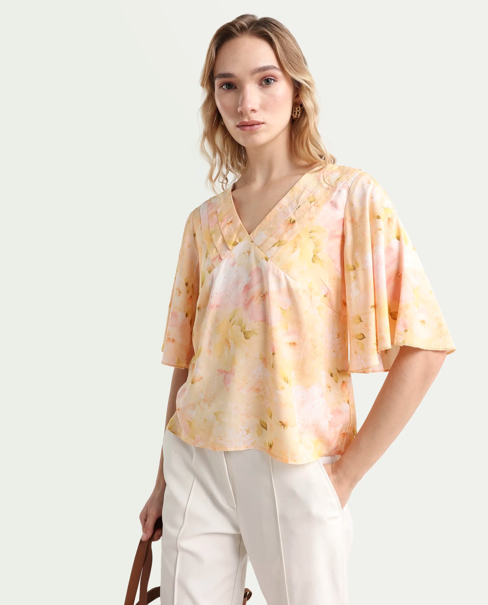 Rareism Women's Elara Yellow Viscose V-Neck Regular Fit Top