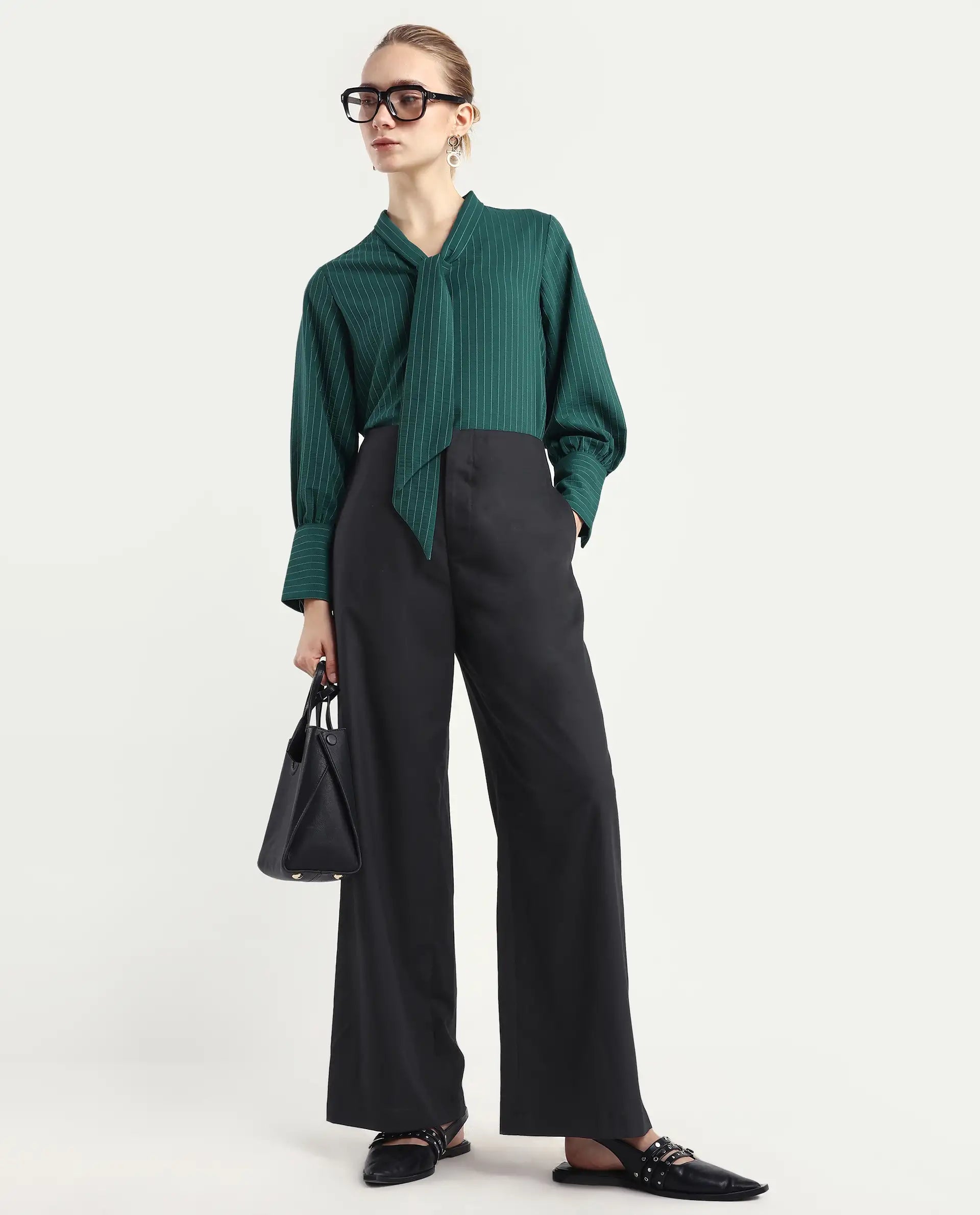 Rareism Women Elary Black Viscose Blend Button Closure Wide Leg Fit Plain Trouser