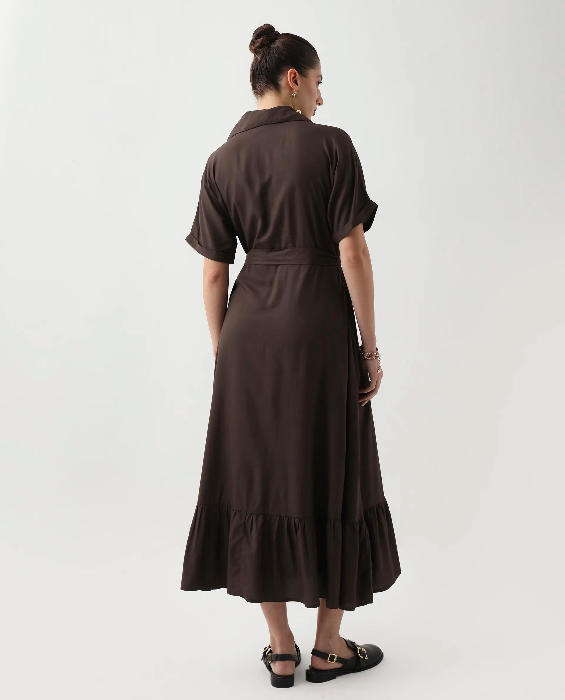 Rareism Women's Elate Brown Viscose Johnny Collar A-Line Plain Midi Dress