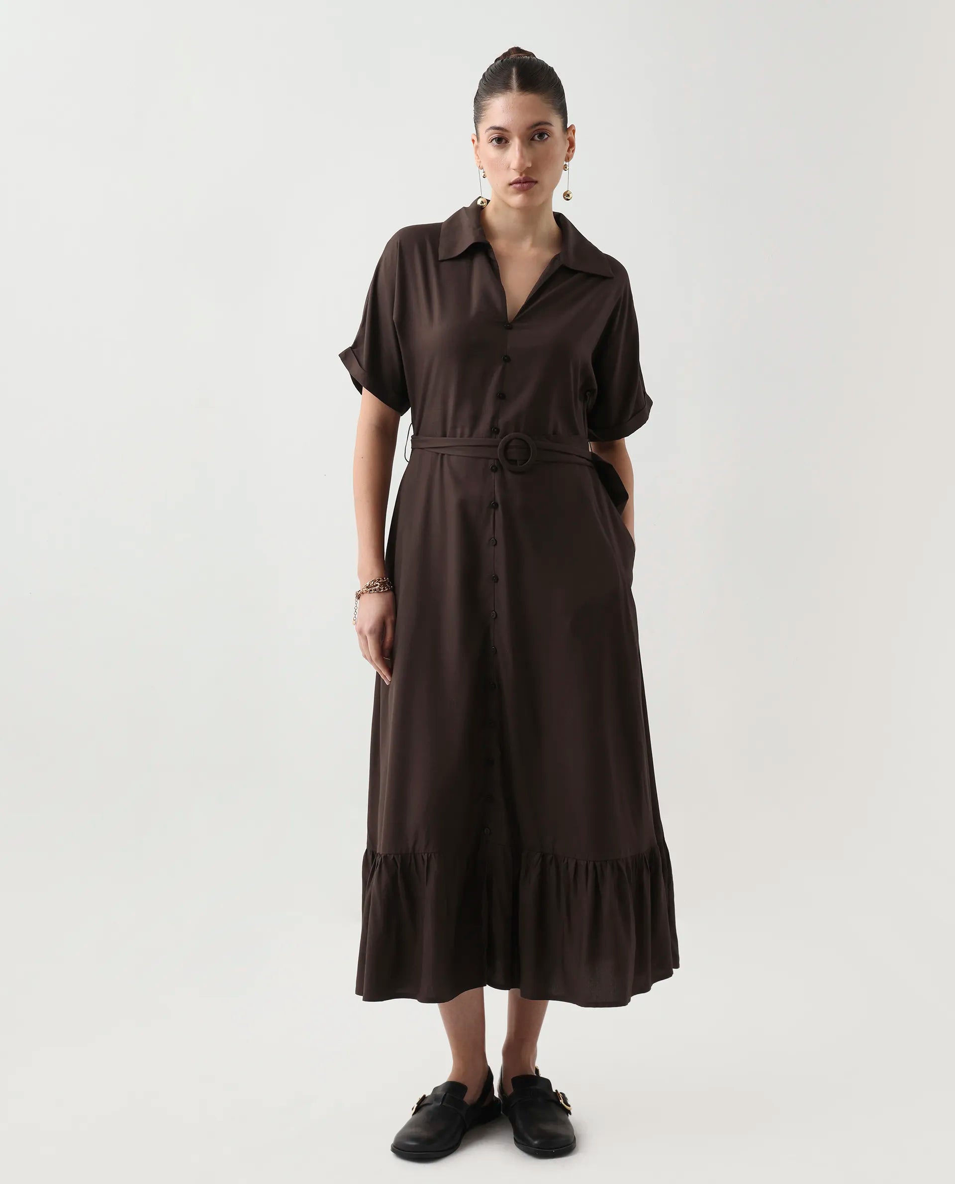 Rareism Women's Elate Brown Viscose Johnny Collar A-Line Plain Midi Dress