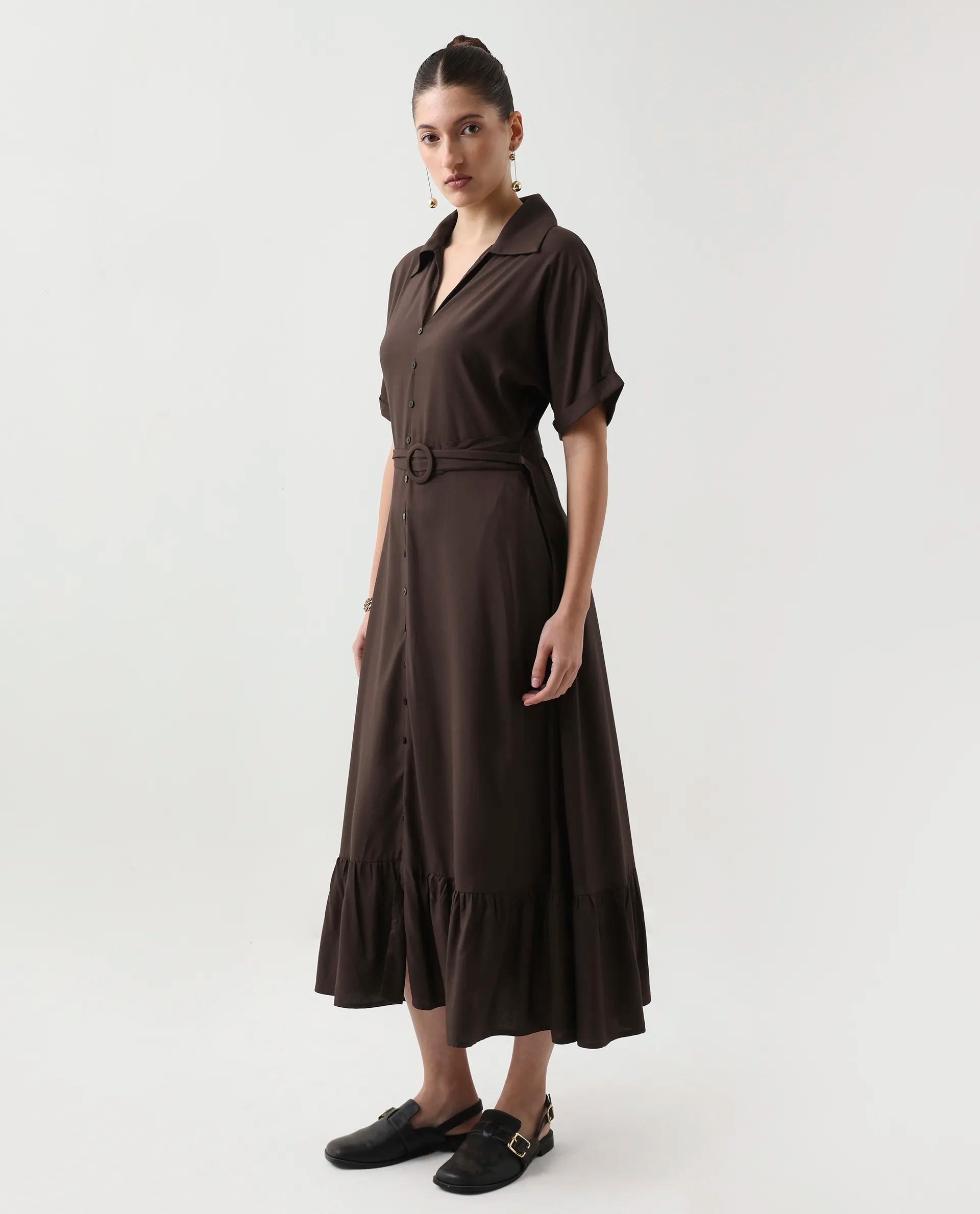 Rareism Women's Elate Brown Viscose Johnny Collar A-Line Plain Midi Dress