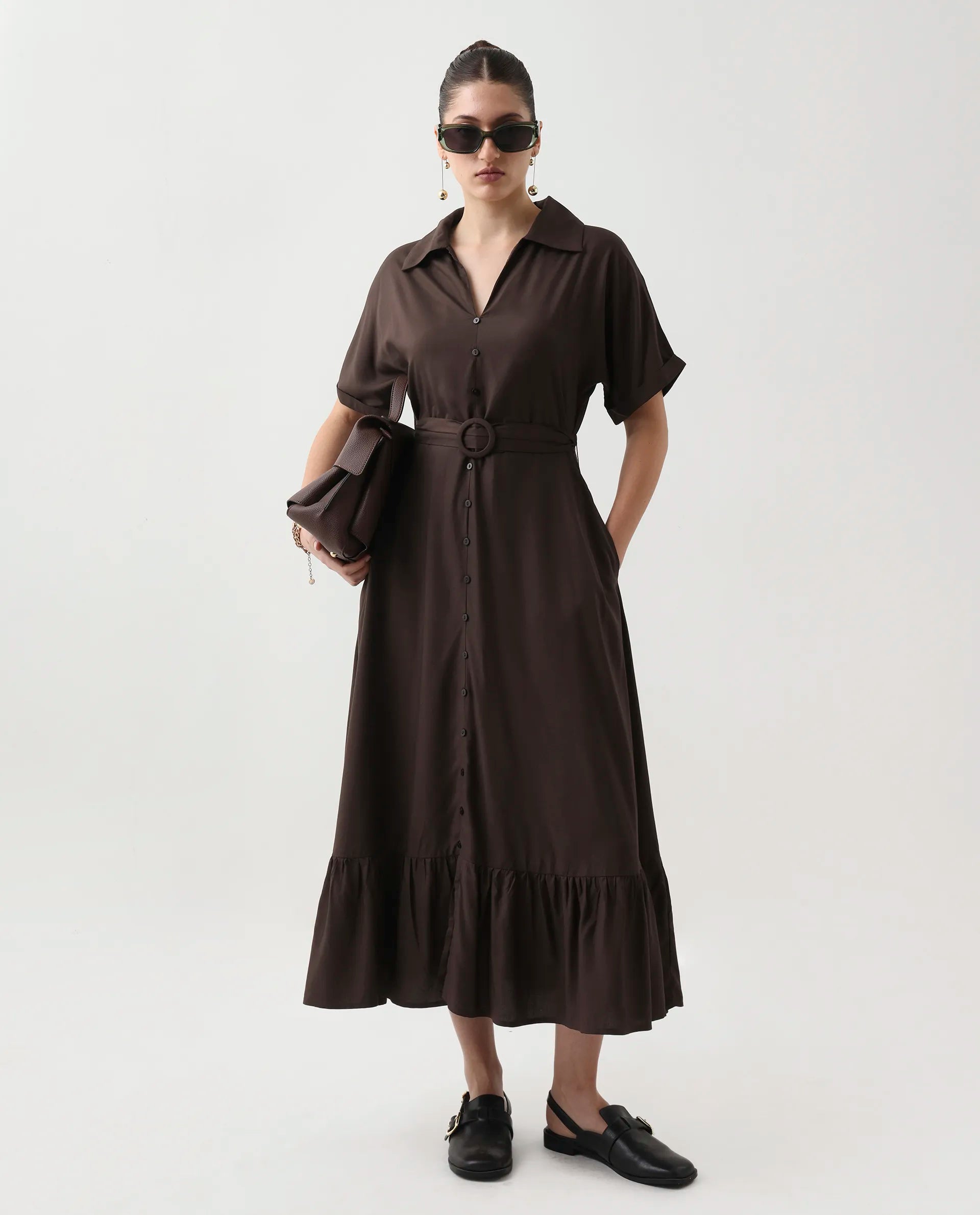 Rareism Women's Elate Brown Viscose Johnny Collar A-Line Plain Midi Dress