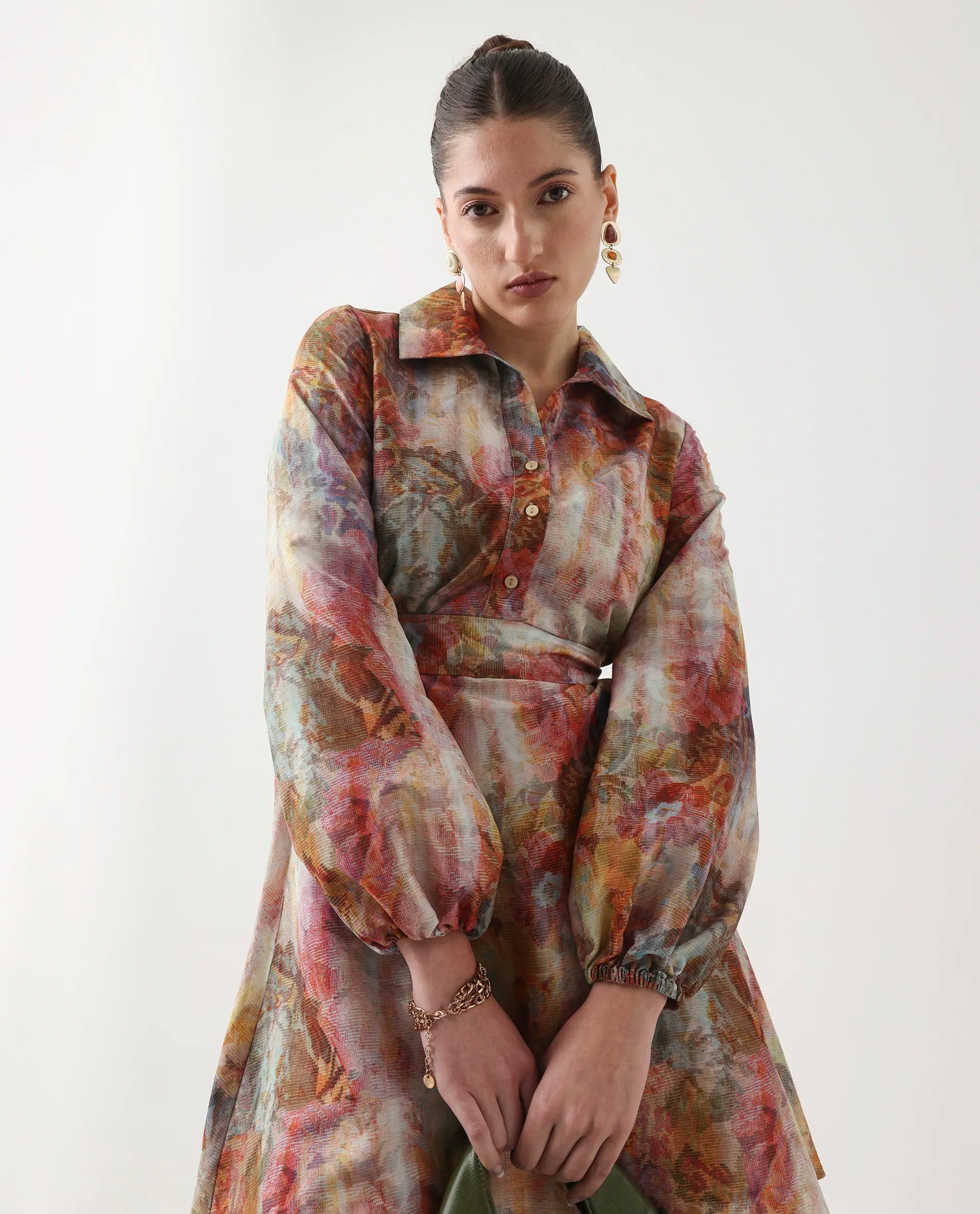 Rareism Women's Elbon Multi Polyester Collared Neck A-Line Printed Dress