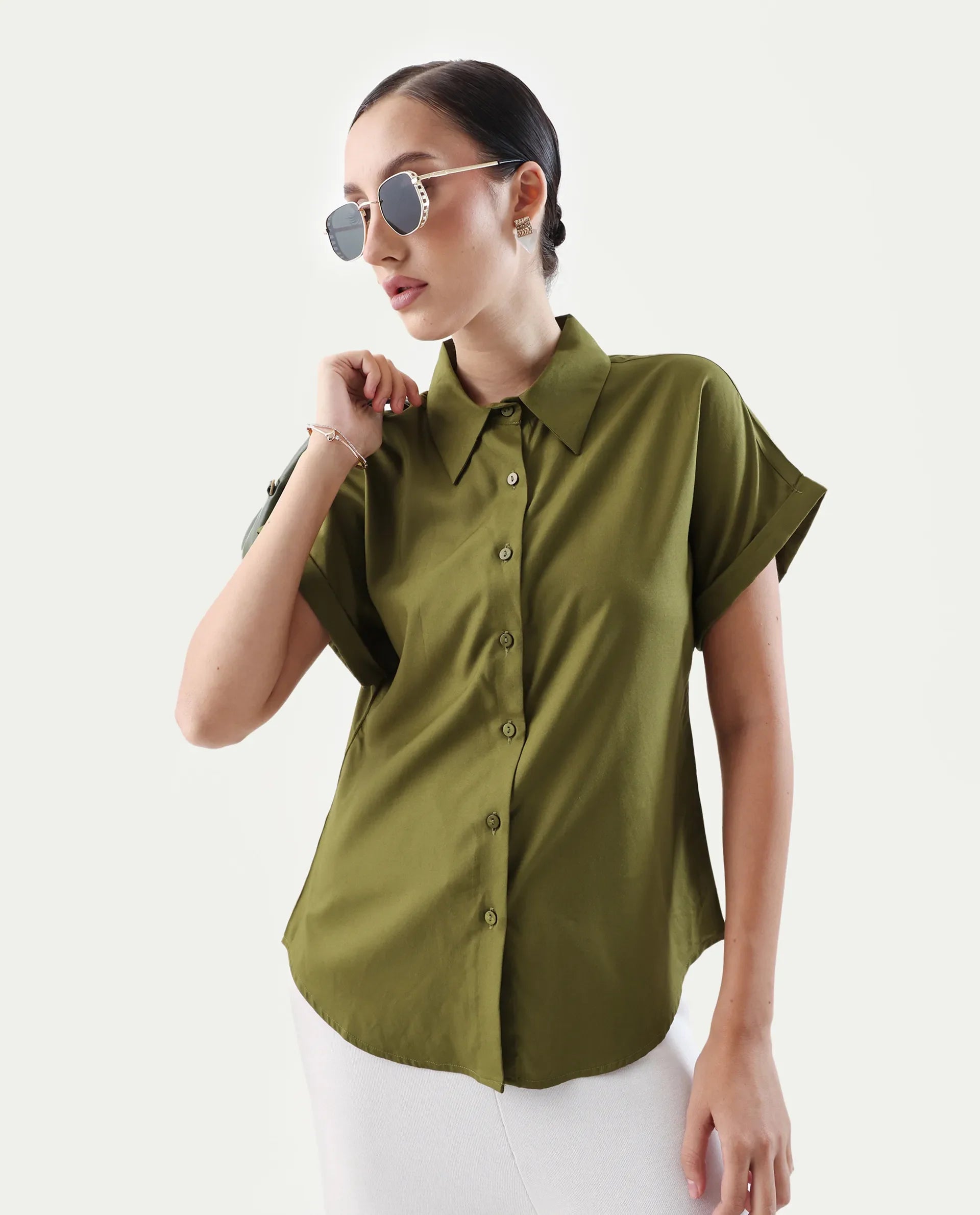 Rareism Women's Elcee Olive Viscose Collared Neck Regular Fit Shirt