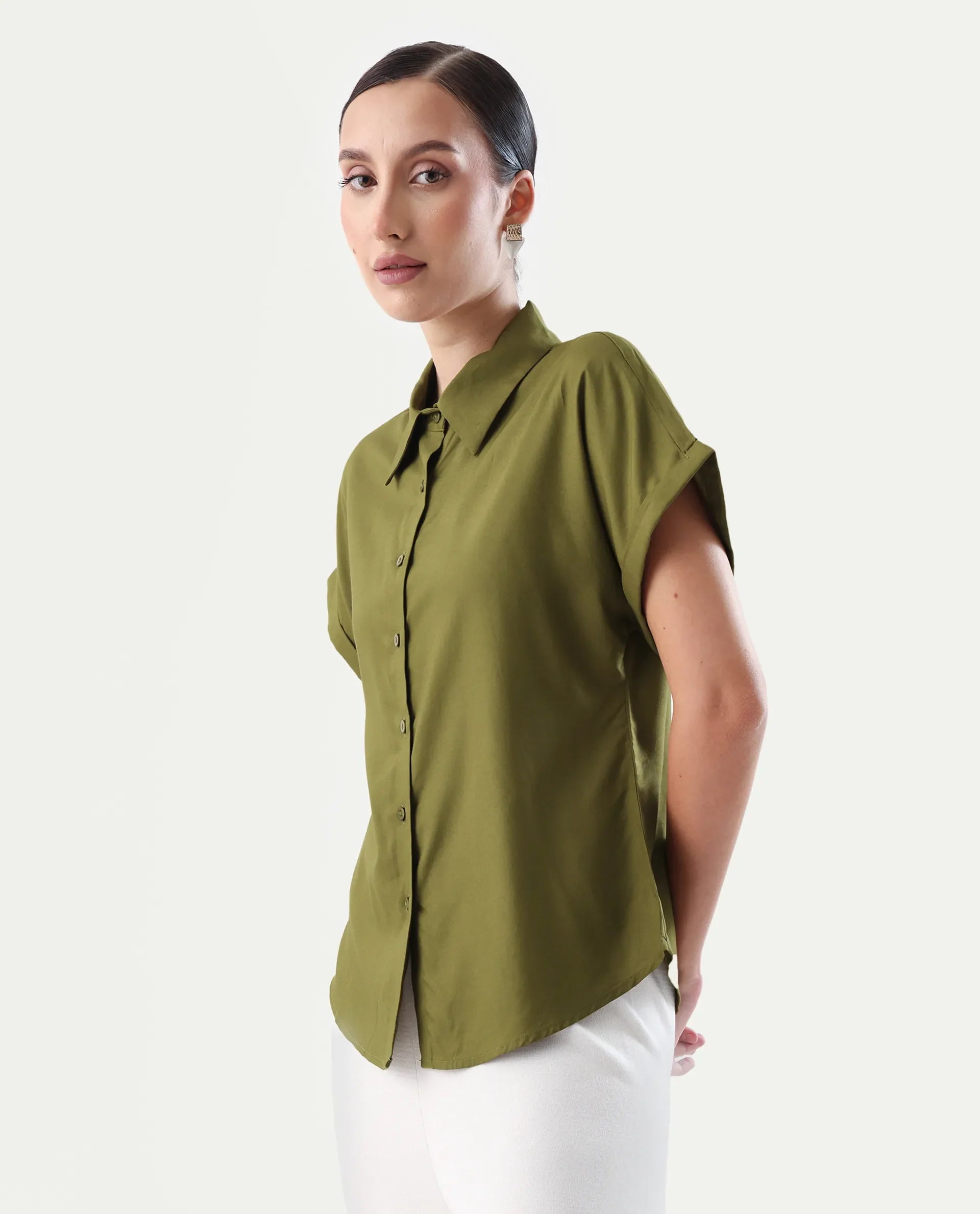 Rareism Women's Elcee Olive Viscose Collared Neck Regular Fit Shirt