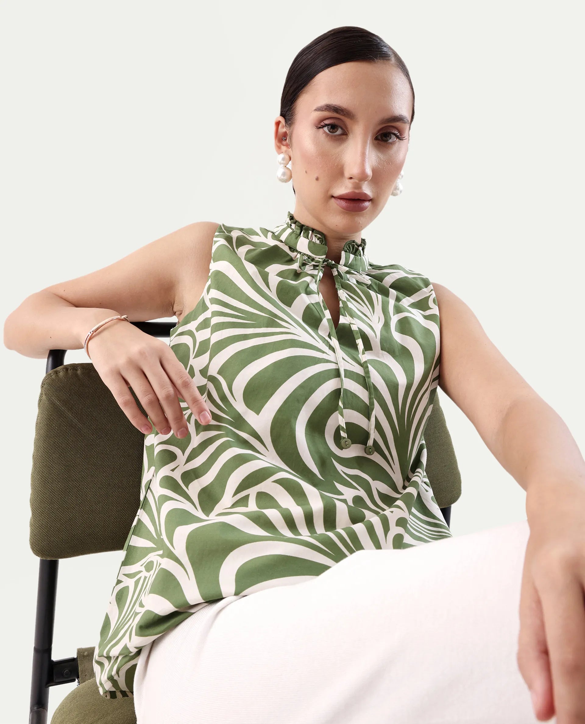 Rareism Women's Elcie Olive Cotton Mandarin Collar Regular Fit Top