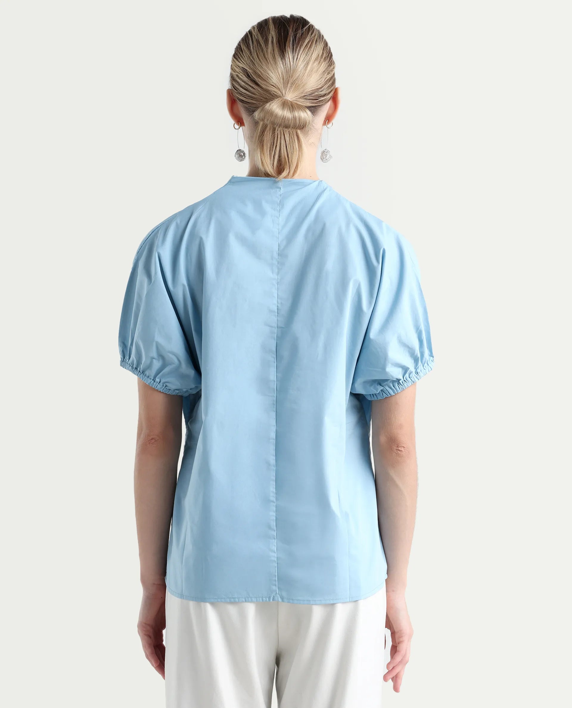 Rareism Women's Eldee Blue Cotton V-Neck Regular Fit Plain Top