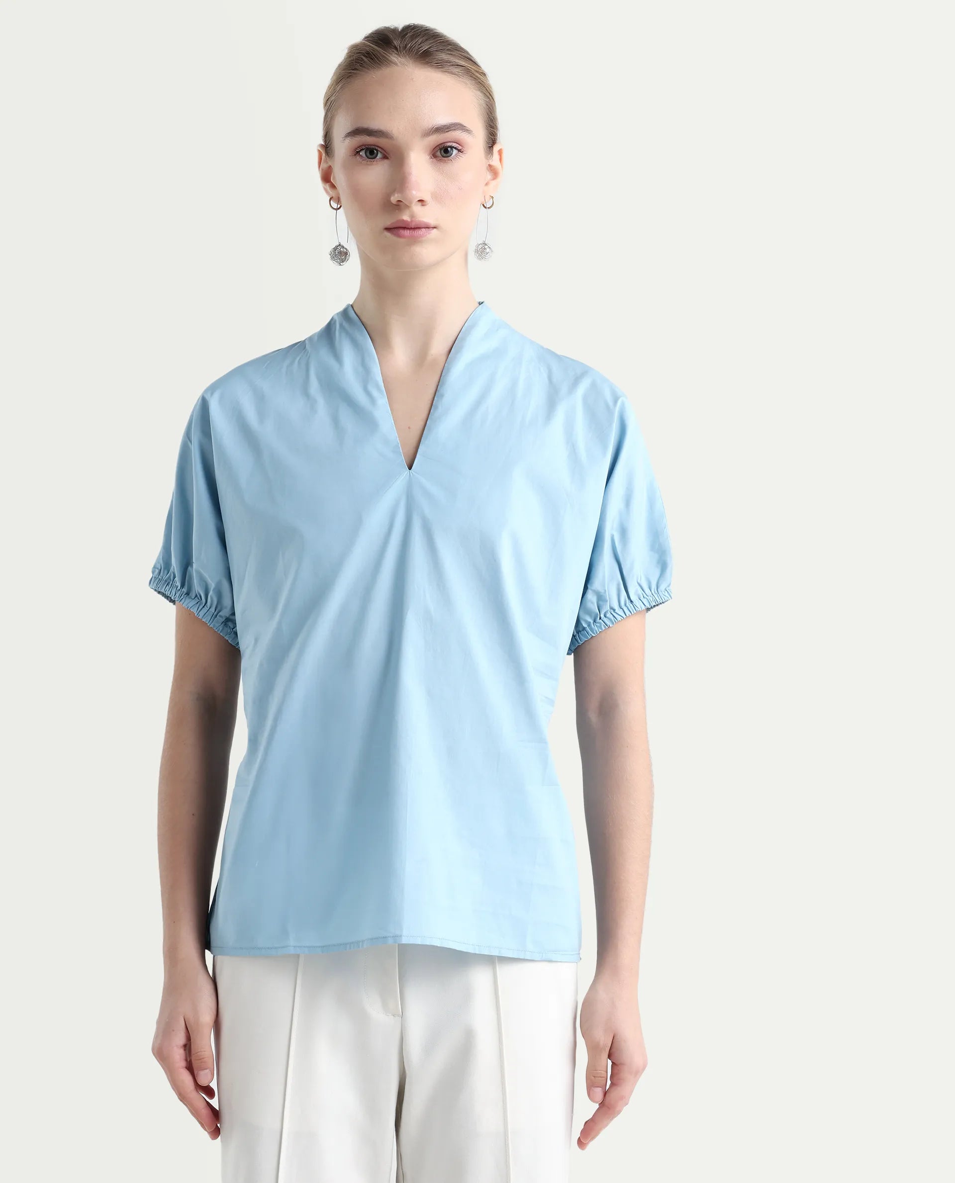 Rareism Women's Eldee Blue Cotton V-Neck Regular Fit Plain Top