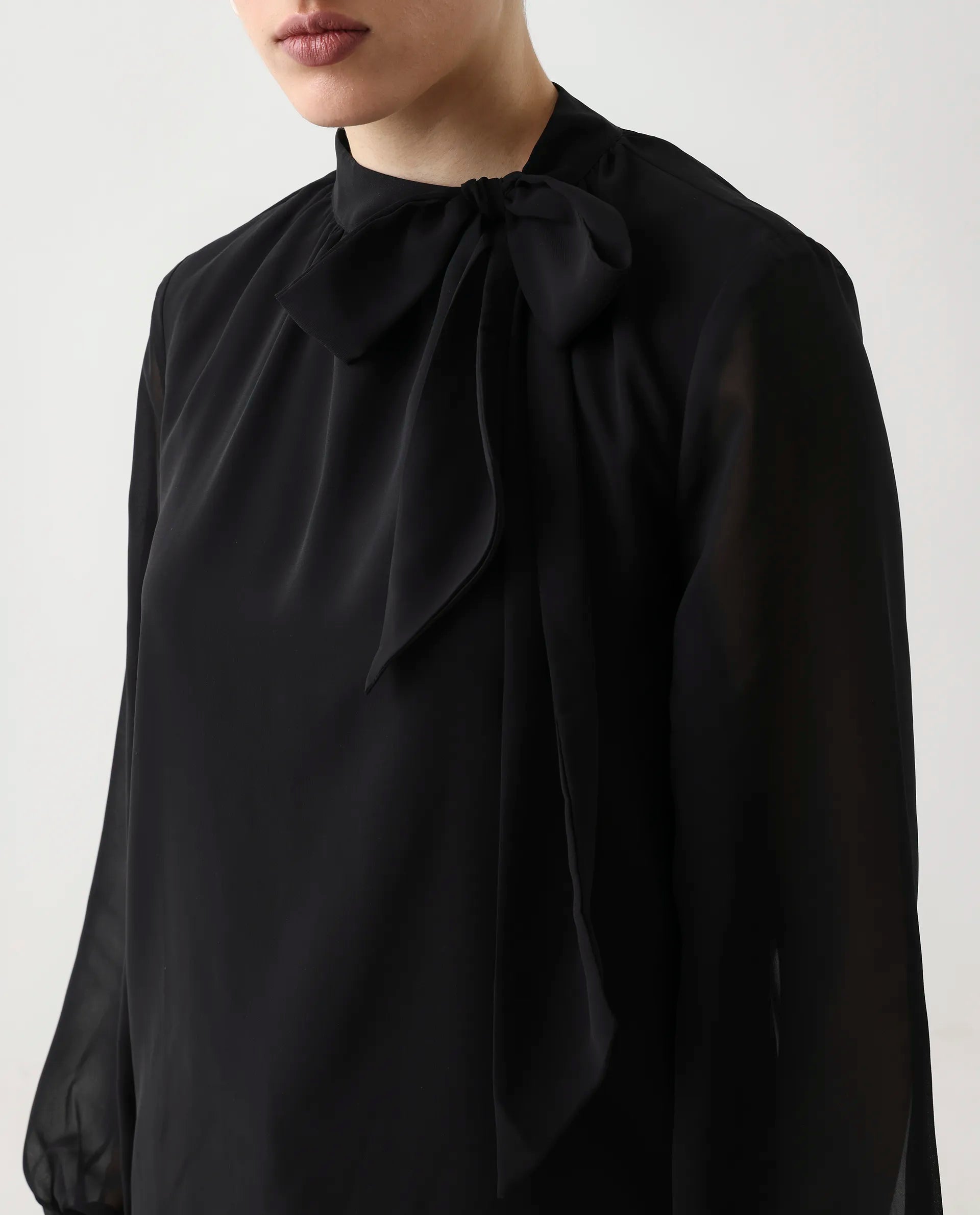 Rareism Women's Elden Black Polyester Bishop Sleeve Tie-Up Neck Regular Fit Plain Top