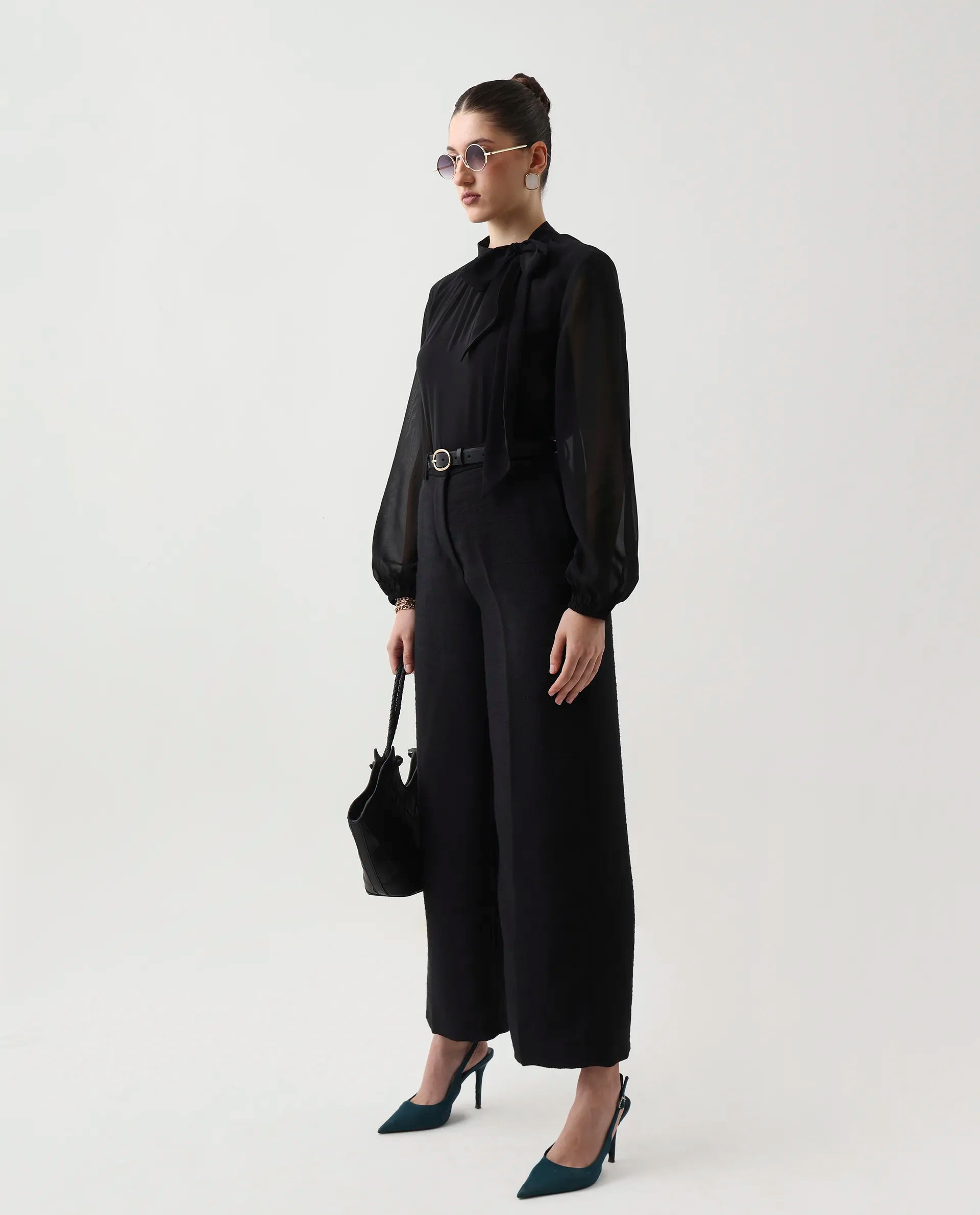 Rareism Women's Elden Black Polyester Bishop Sleeve Tie-Up Neck Regular Fit Plain Top